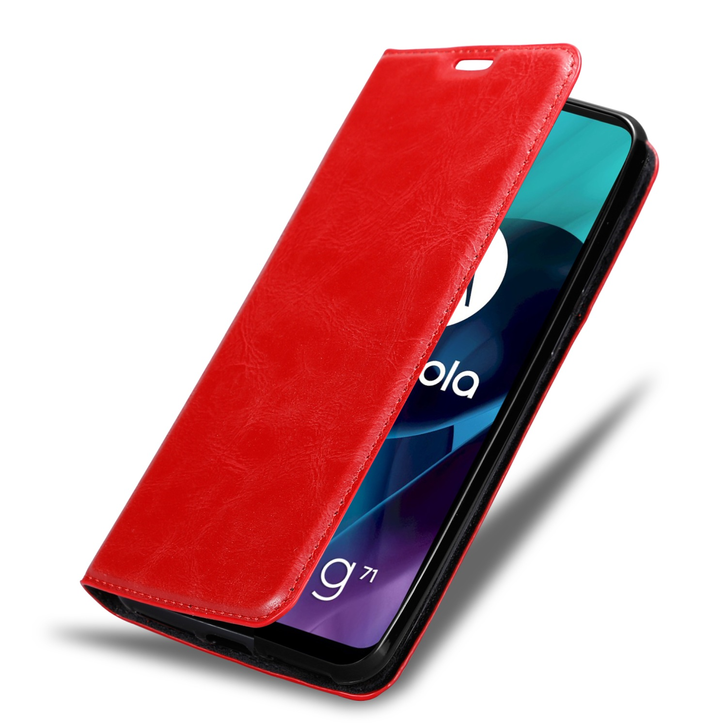 Una custodia per telefono in pelle rossa è aperta, rivelando un telefono. Il telefono ha uno sfondo sfumato blu.