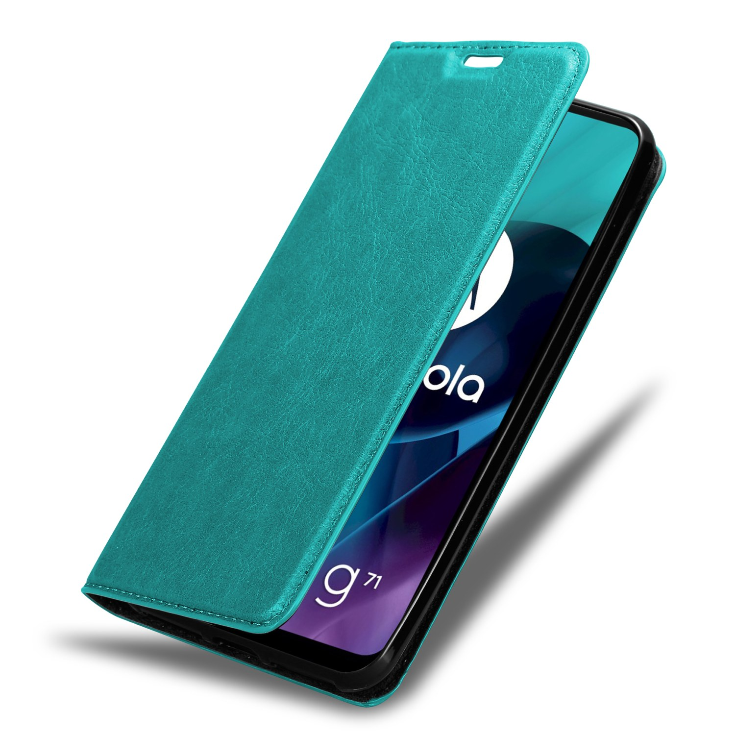 Custodia per telefono verde acqua, aperta. Lo schermo del telefono mostra un logo Motorola.