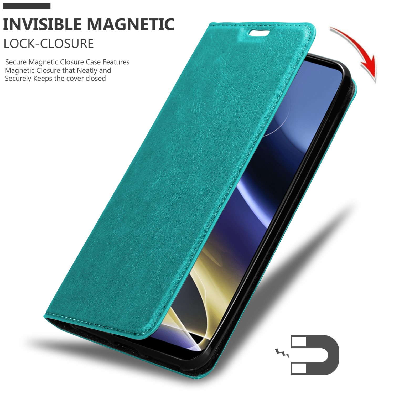Custodia per telefono turchese con chiusura magnetica invisibile, aperta, che mostra il telefono.