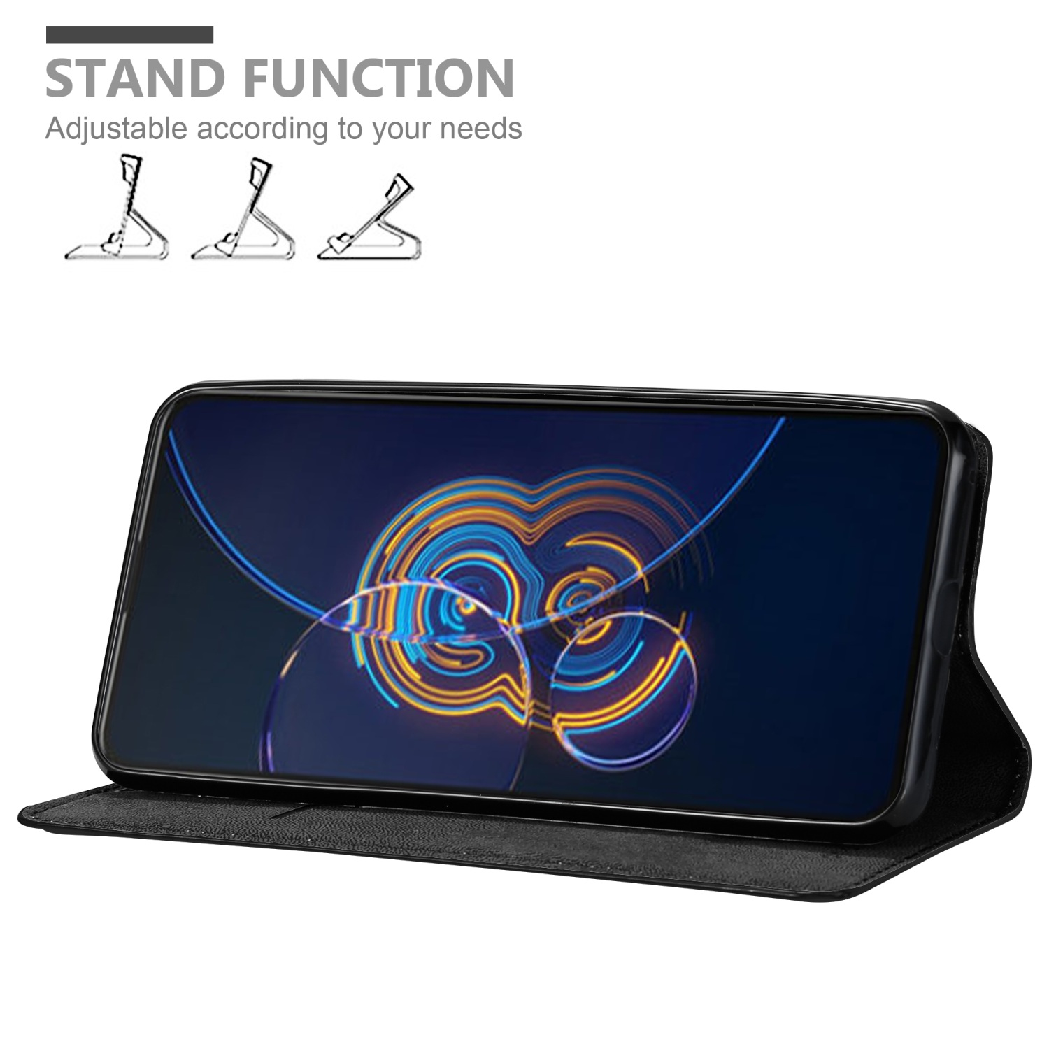 Schwarze Handyhülle mit Standfunktion, Telefon ist darauf.