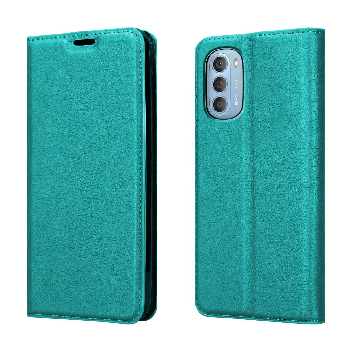 Custodia per telefono verde acqua, aperta e chiusa. È simile alla pelle. Il telefono non è visibile.