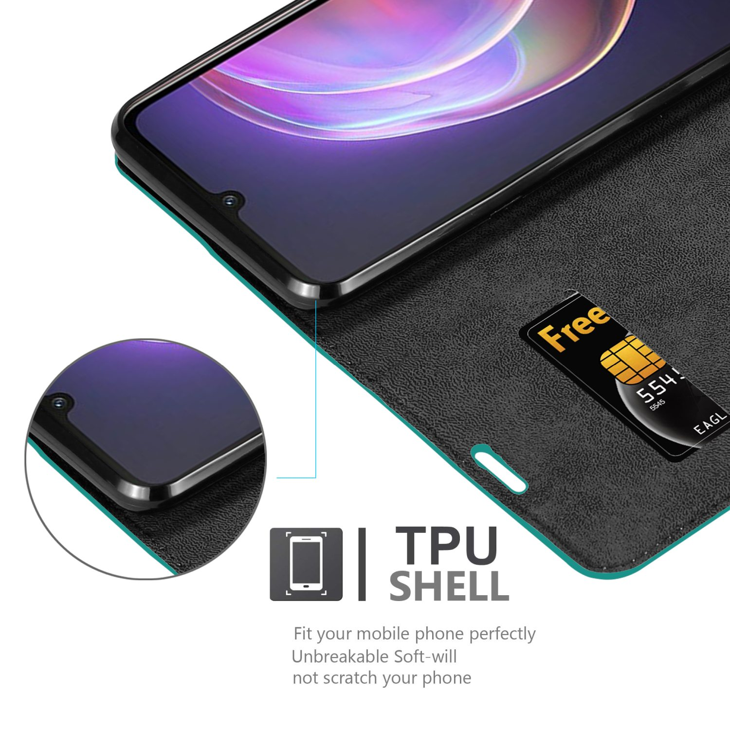 Telefono all'interno di una custodia in TPU nera. Mostra lo schermo del telefono e uno slot per SIM.