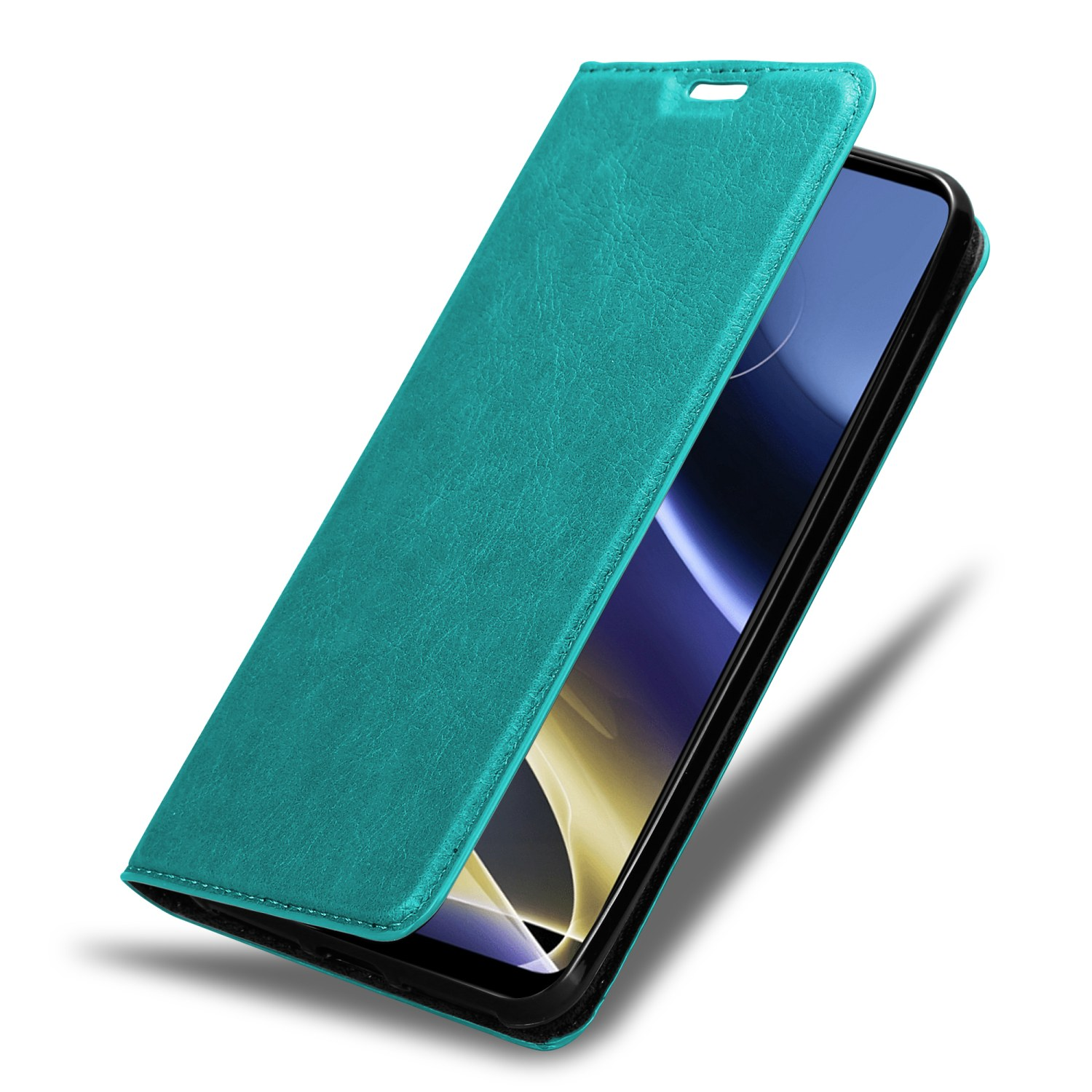 Una custodia per telefono verde acqua, aperta, angolata, che mostra il telefono all'interno. La custodia è in pelle.