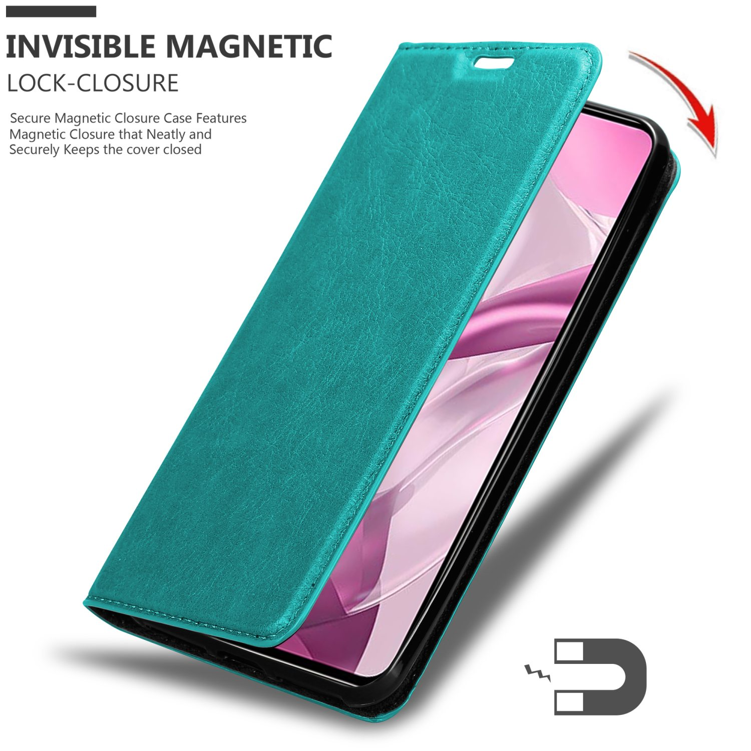 Eine türkisfarbene Leder-Geldbörsenhülle mit offenem Deckel, zeigt ein Telefon und ein Magnetverschluss-Symbol.