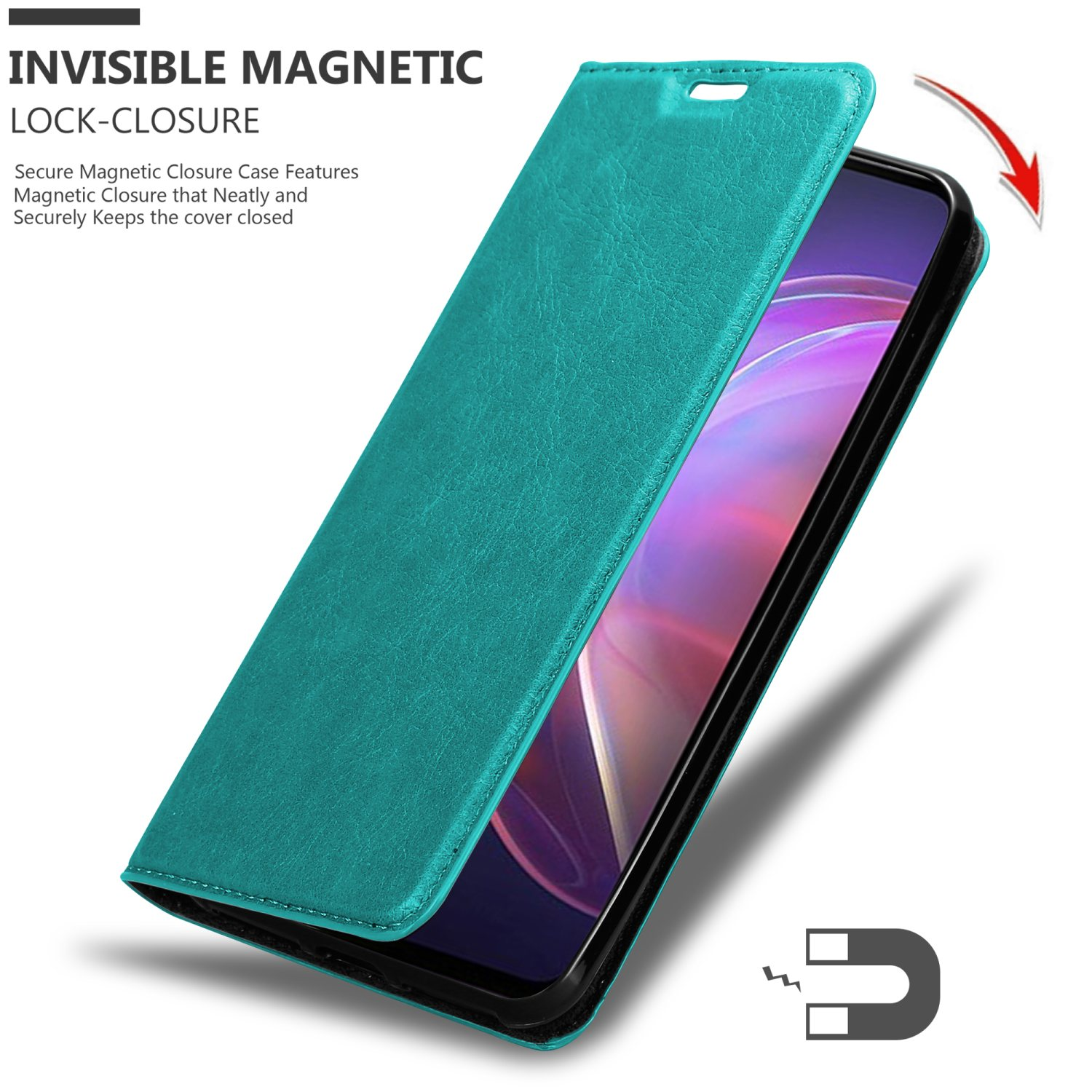 Custodia verde acqua aperta, con telefono all'interno. La custodia ha una chiusura magnetica.