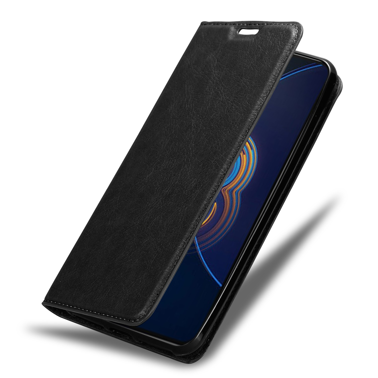 Schwarze Leder-Handyhülle, offen. Zeigt die Innenseite der Hülle. Dunkelblaues Telefon sichtbar.