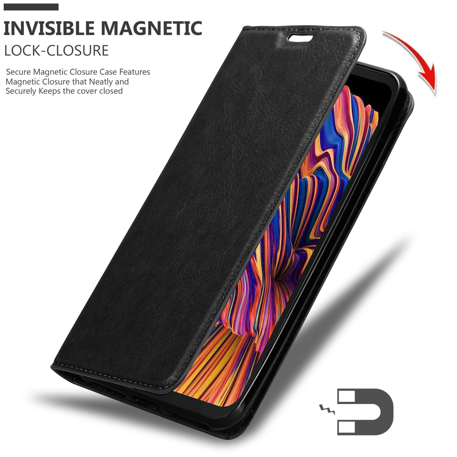Custodia per telefono nera aperta, che rivela il telefono. Viene mostrato un simbolo magnete.