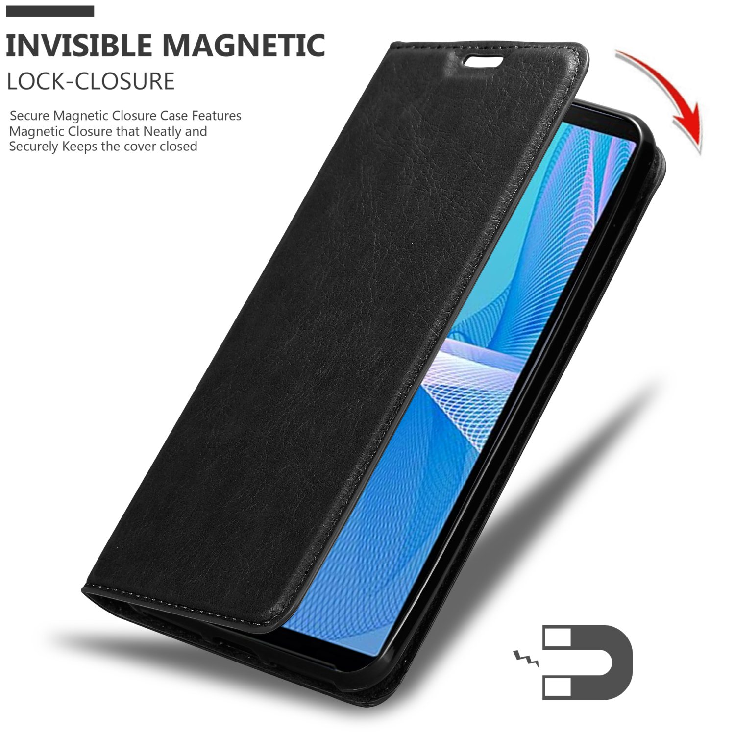 Custodia in pelle nera per telefono, aperta, con telefono. Mostra un motivo blu.
