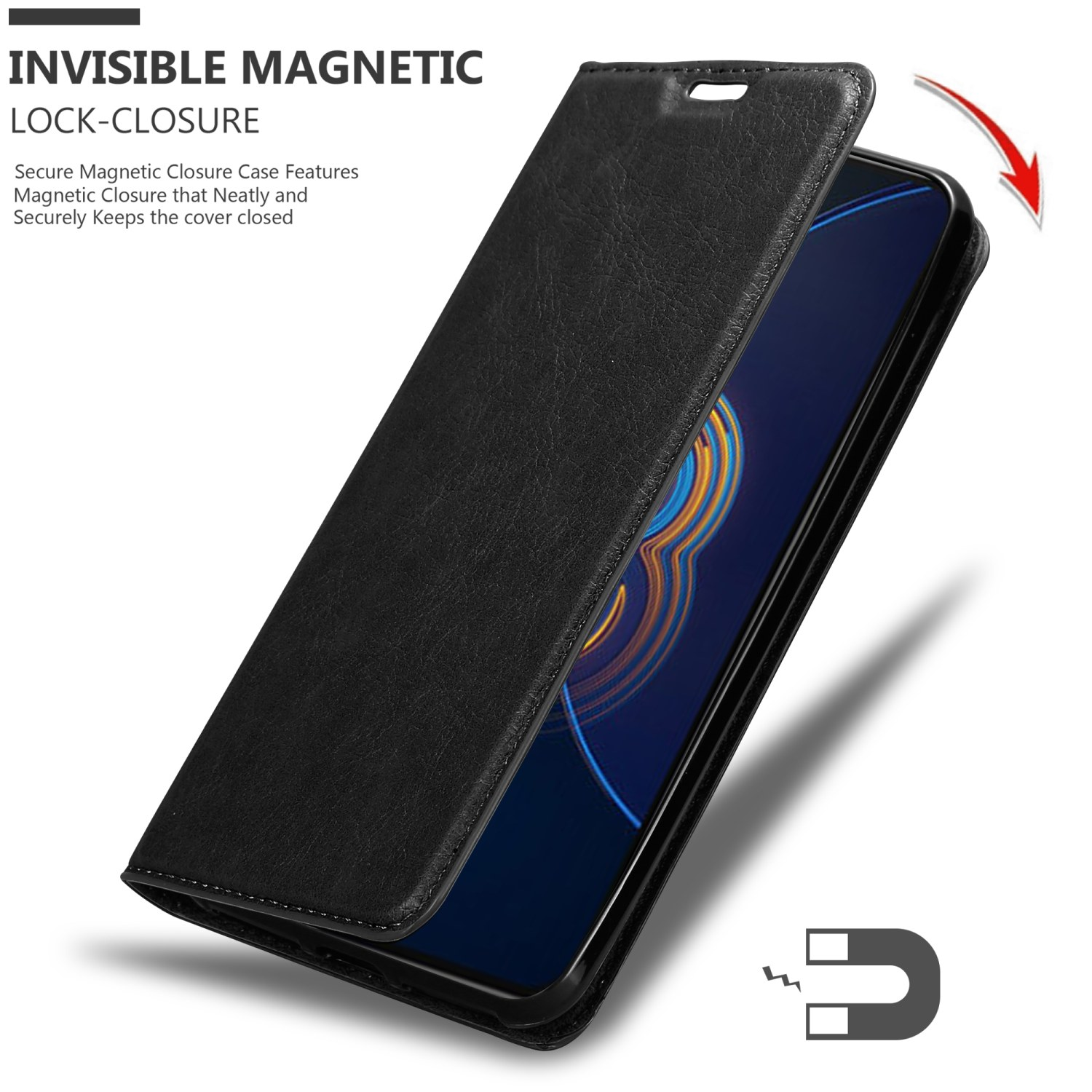 Schwarze Handyhülle, geöffnet, mit einem Telefon darin. Magnetverschluss.