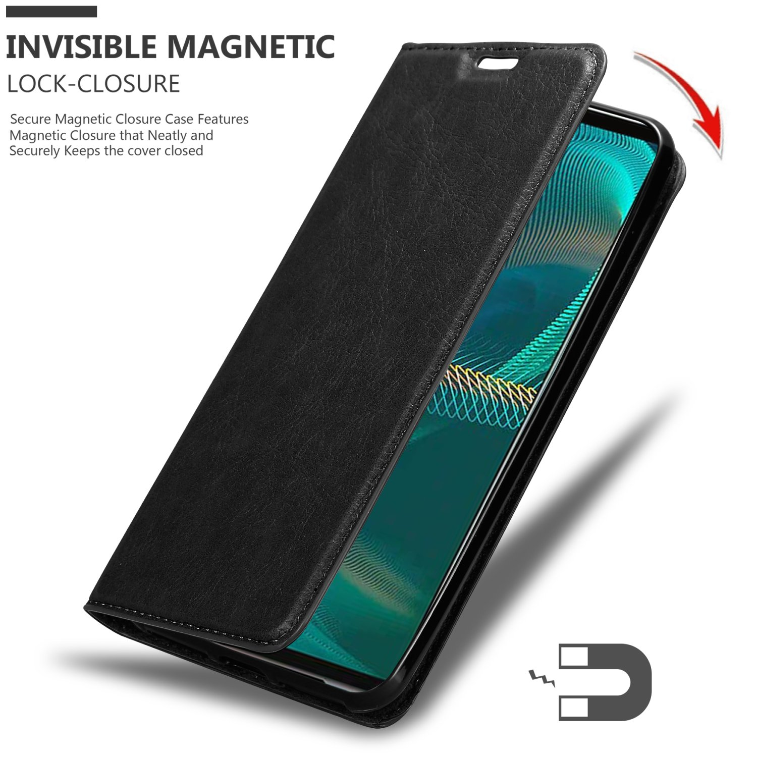 Custodia nera aperta, mostra telefono con schermo a motivi. Icona magnete in basso.