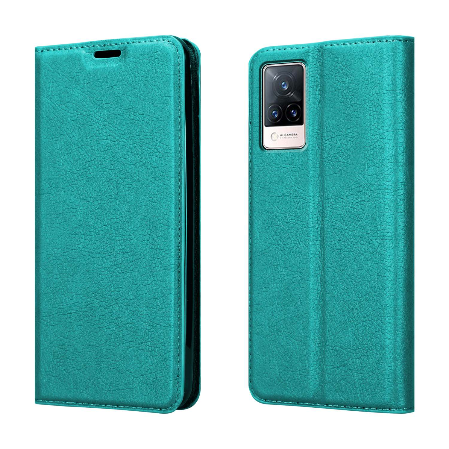 Due custodie per telefono color turchese sono esposte, una aperta e una chiusa. Similpelle con cuciture.