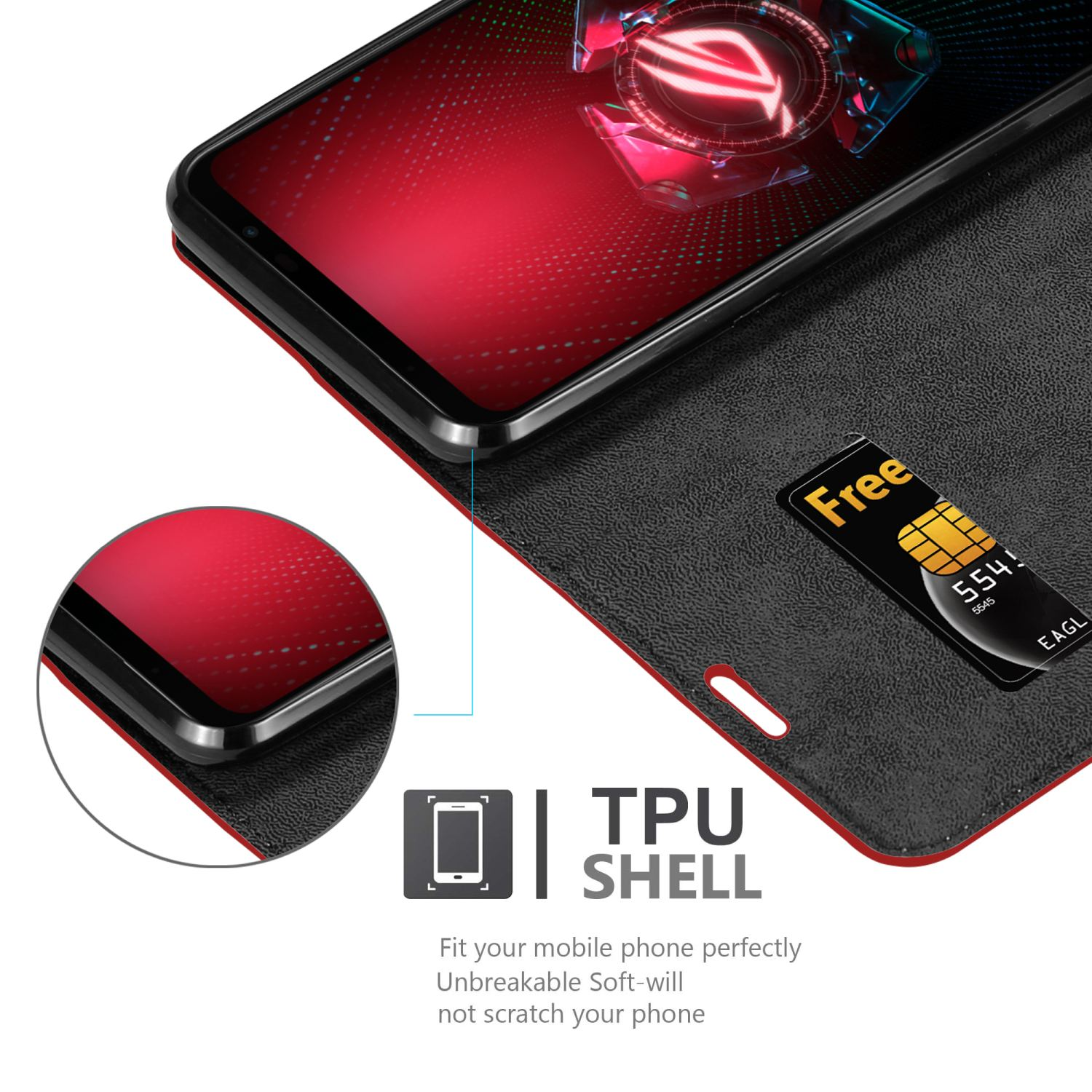 Telefon in schwarzem Gehäuse mit SIM-Karte. Die TPU-Hülle wird gezeigt.