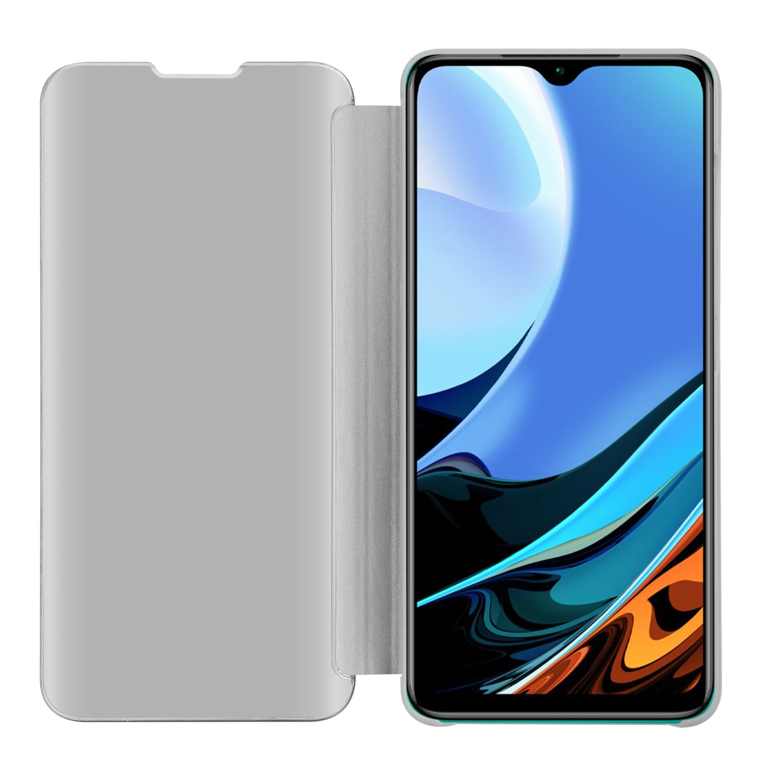 Ein Smartphone in einer reflektierenden Hülle, mit geöffneter Hülle, die den Bildschirm zeigt.