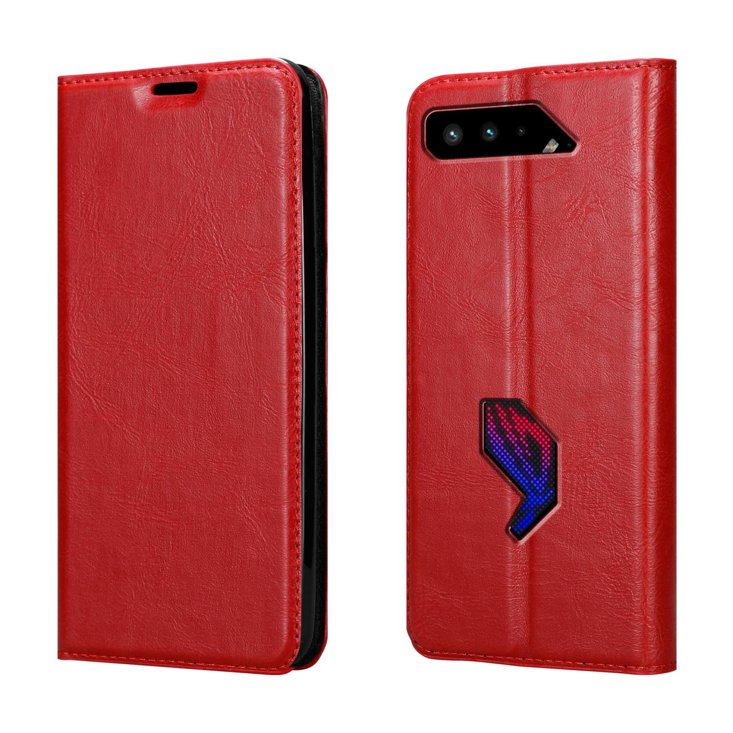 Rote Handyhülle, geöffnet, um Telefon und Funktionen zu zeigen, mit einem schwarz-roten Logo.