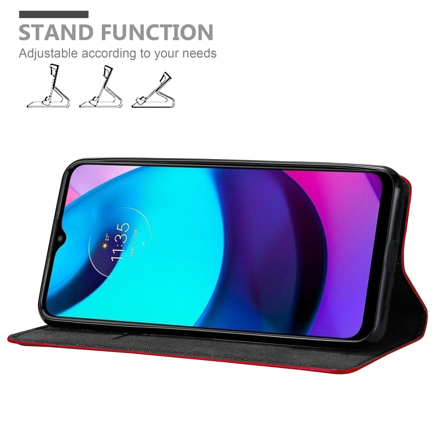 Telefono in custodia rossa e nera, in piedi. Testo: Funzione stand, regolabile in base alle tue esigenze.