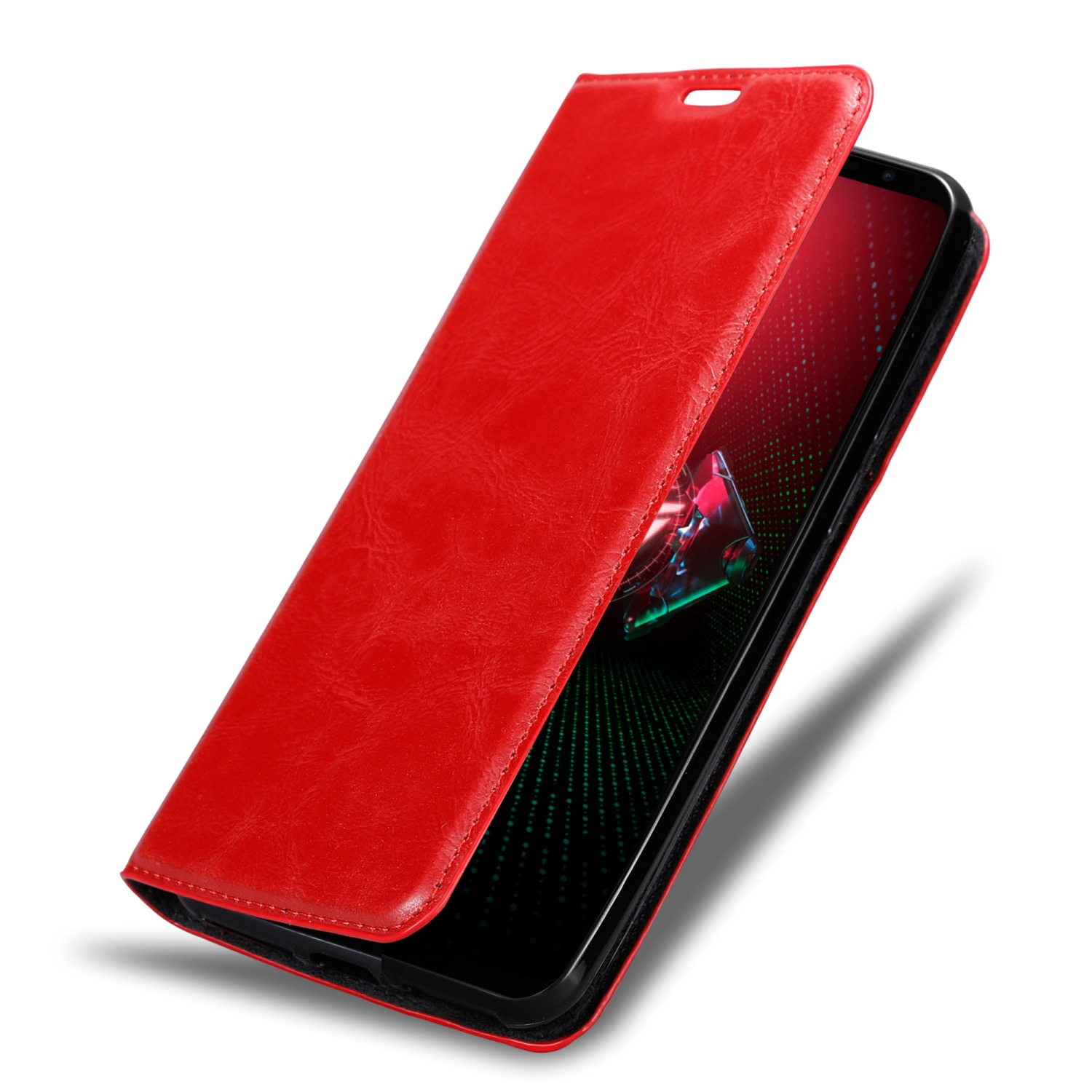 Rote Handyhülle, geöffnet, um den Telefonbildschirm freizugeben. Der Bildschirm des Telefons ist eingeschaltet.