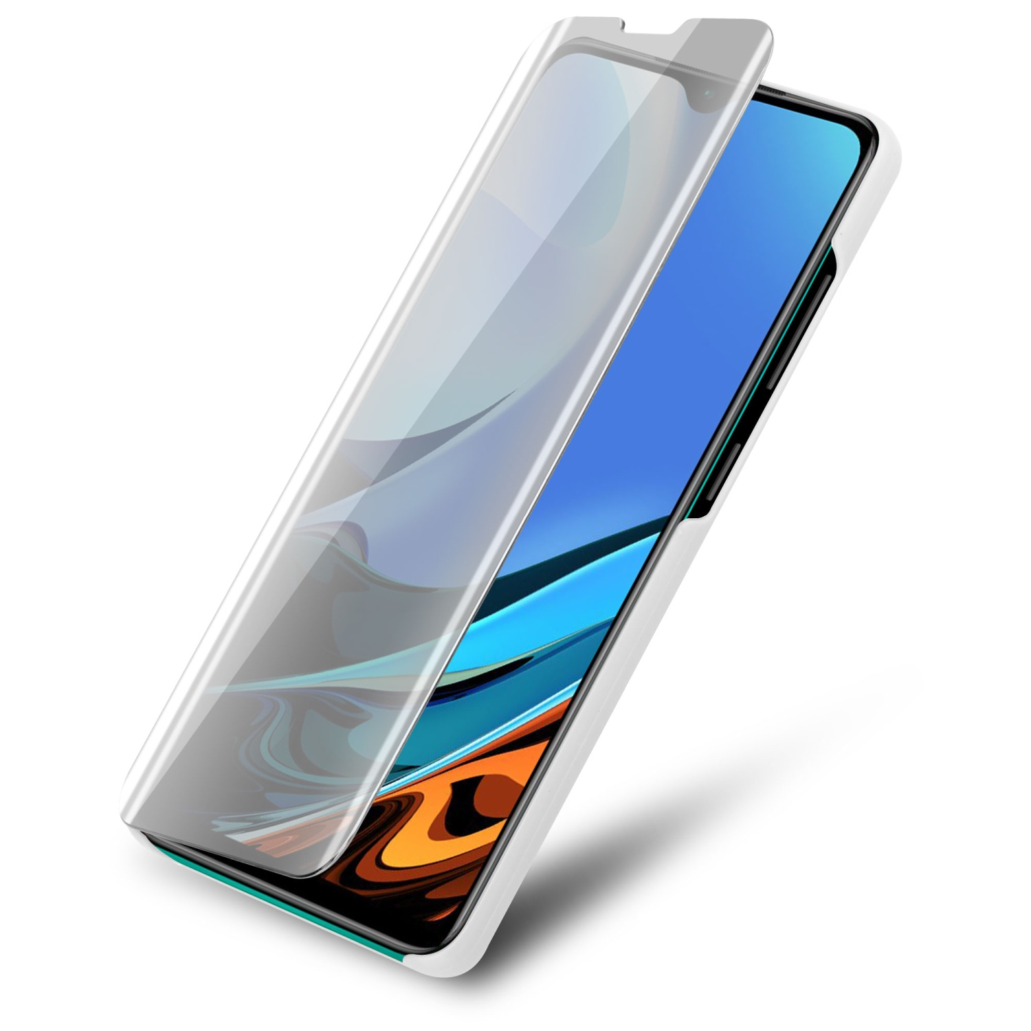 Telefonschutzfolie und Telefon. Schutzfolie wird gerade angebracht. Weißes Gehäuse.