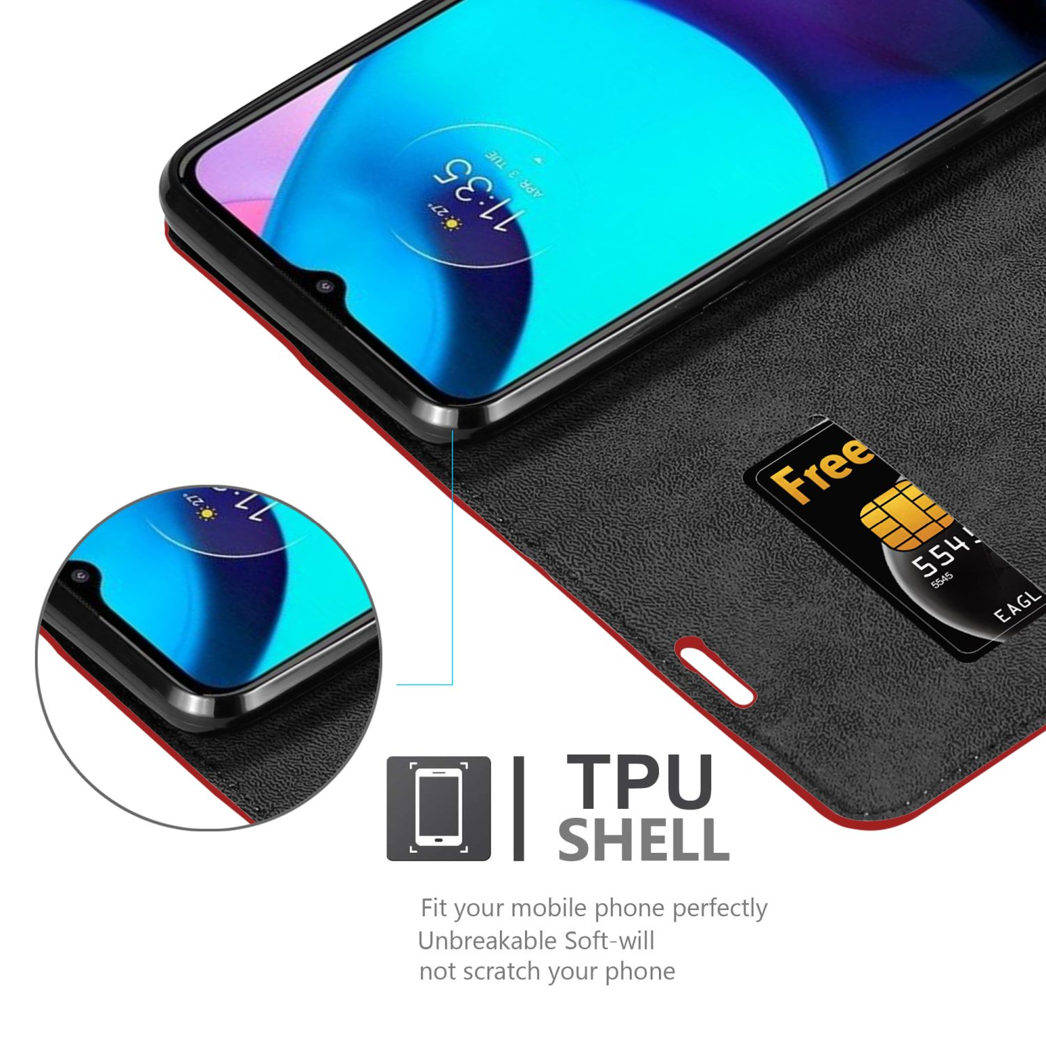 Custodia nera per telefono, telefono che mostra l'ora e carta di credito, con logo TPU.