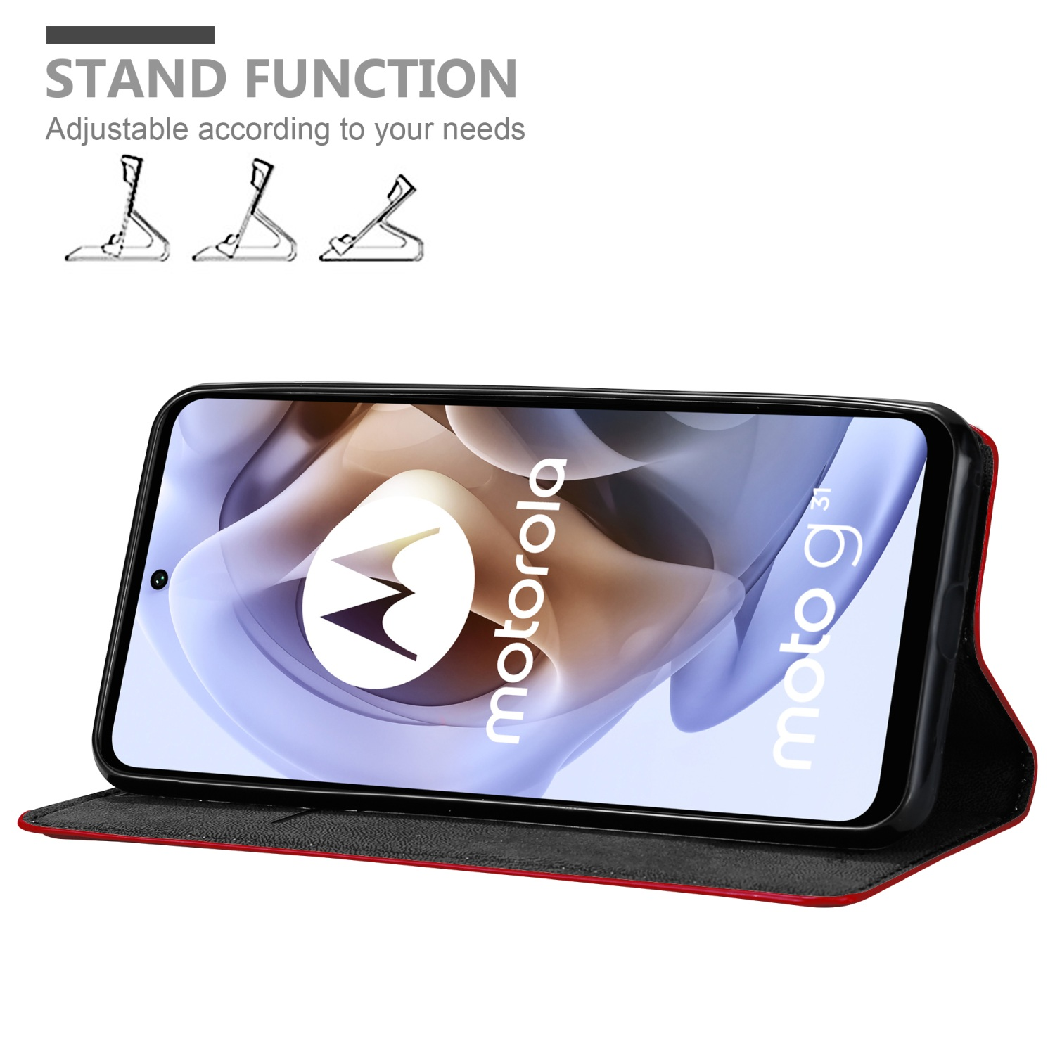 Una custodia rossa per telefono è aperta, lo schermo del telefono mostra il logo Motorola.