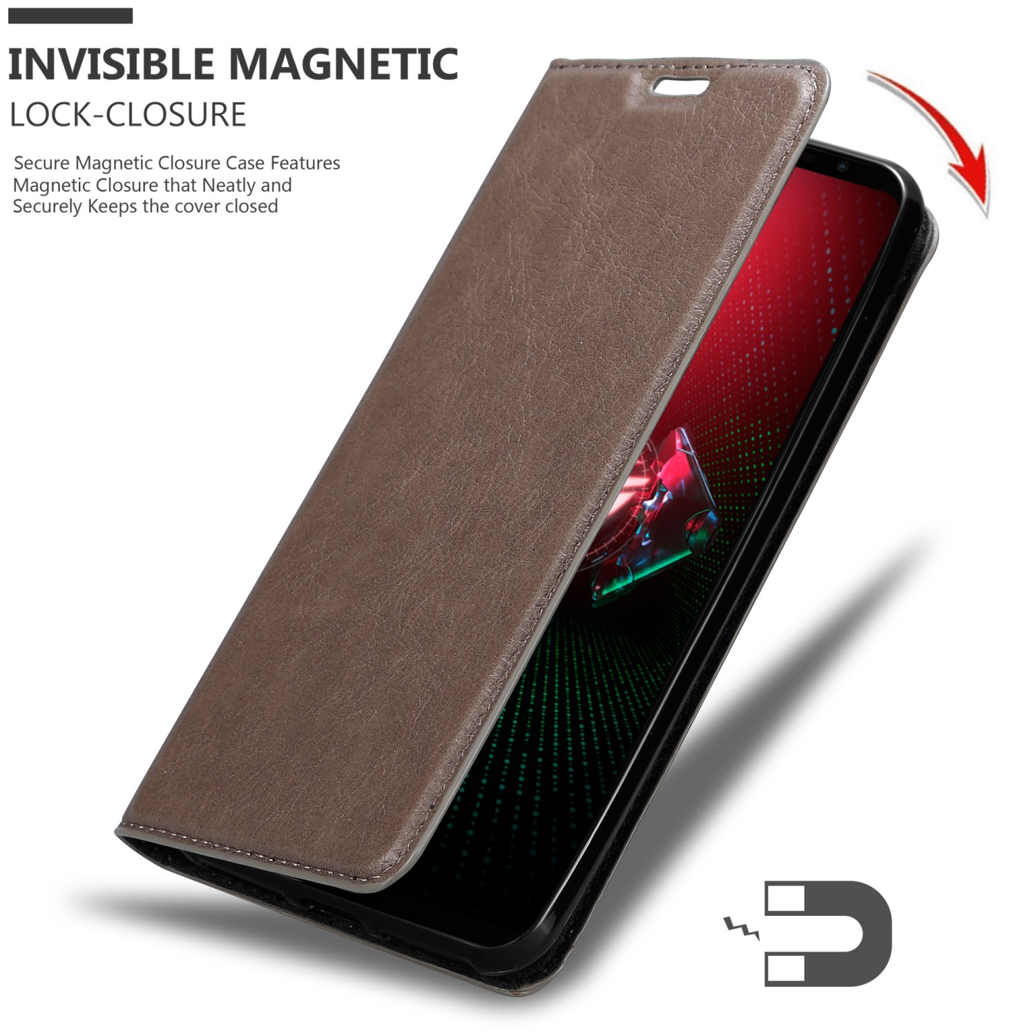 Braune Handyhülle offen, Telefon sichtbar. Magnetverschluss, Pfeil nach unten.