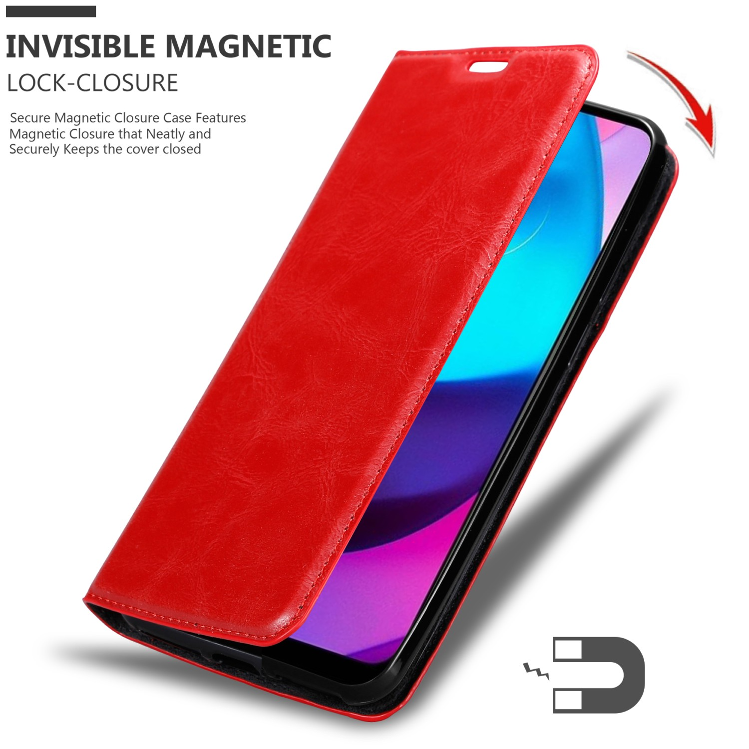 Custodia rossa con chiusura magnetica. Telefono visibile. Freccia indica la chiusura. Icona magnete in basso.