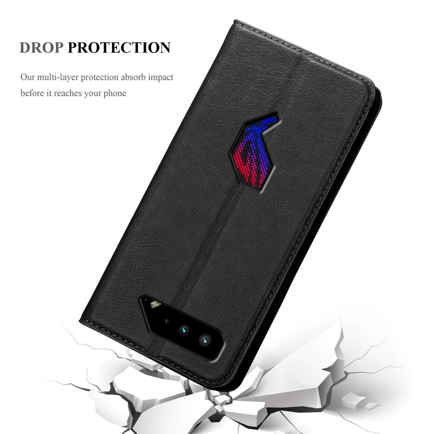Una custodia per telefono in pelle nera con un design colorato e pavimento rotto.