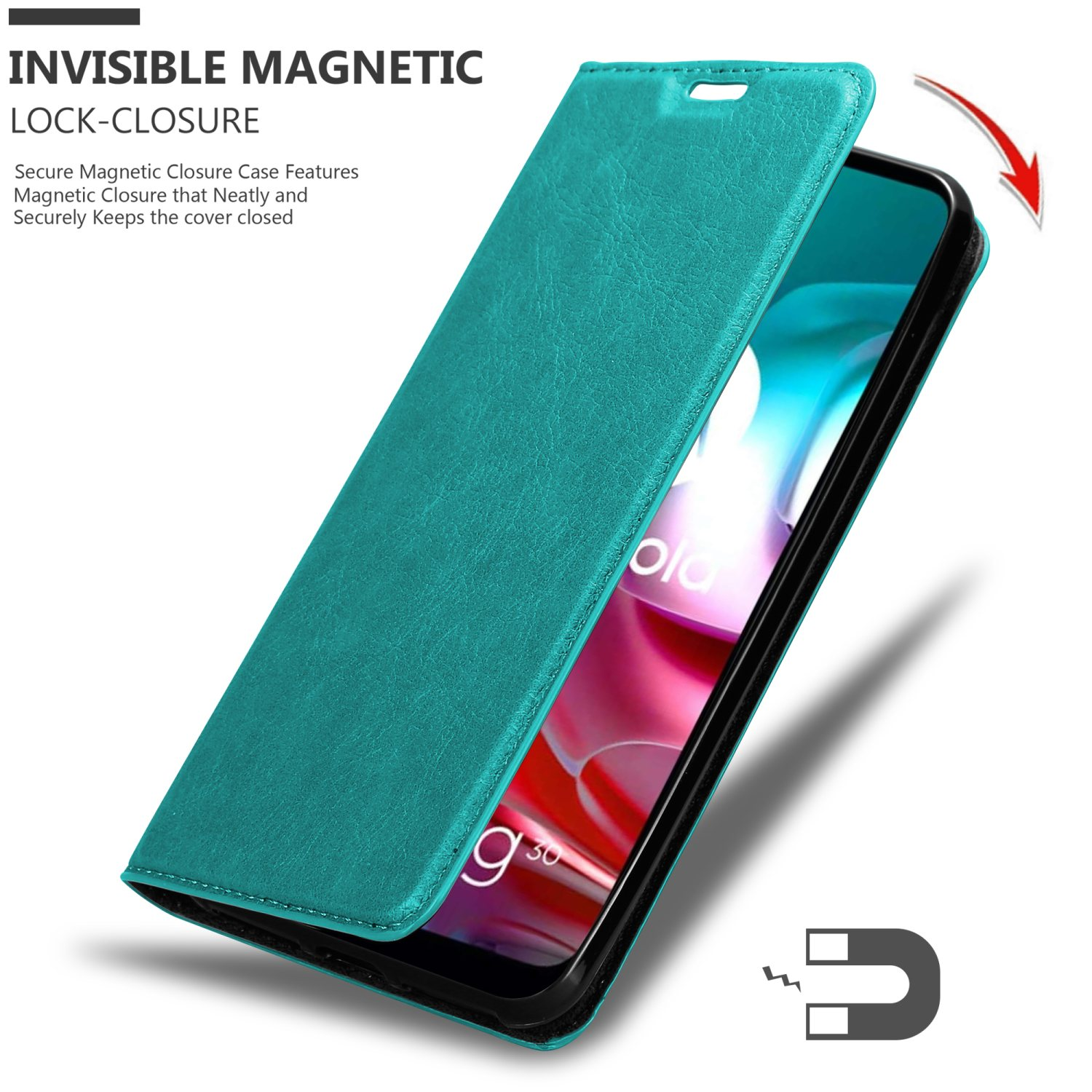 Türkisfarbene Handyhülle offen mit Telefon darin, magnetischer Verschluss sichtbar. Text: unsichtbarer Magnetverschluss.