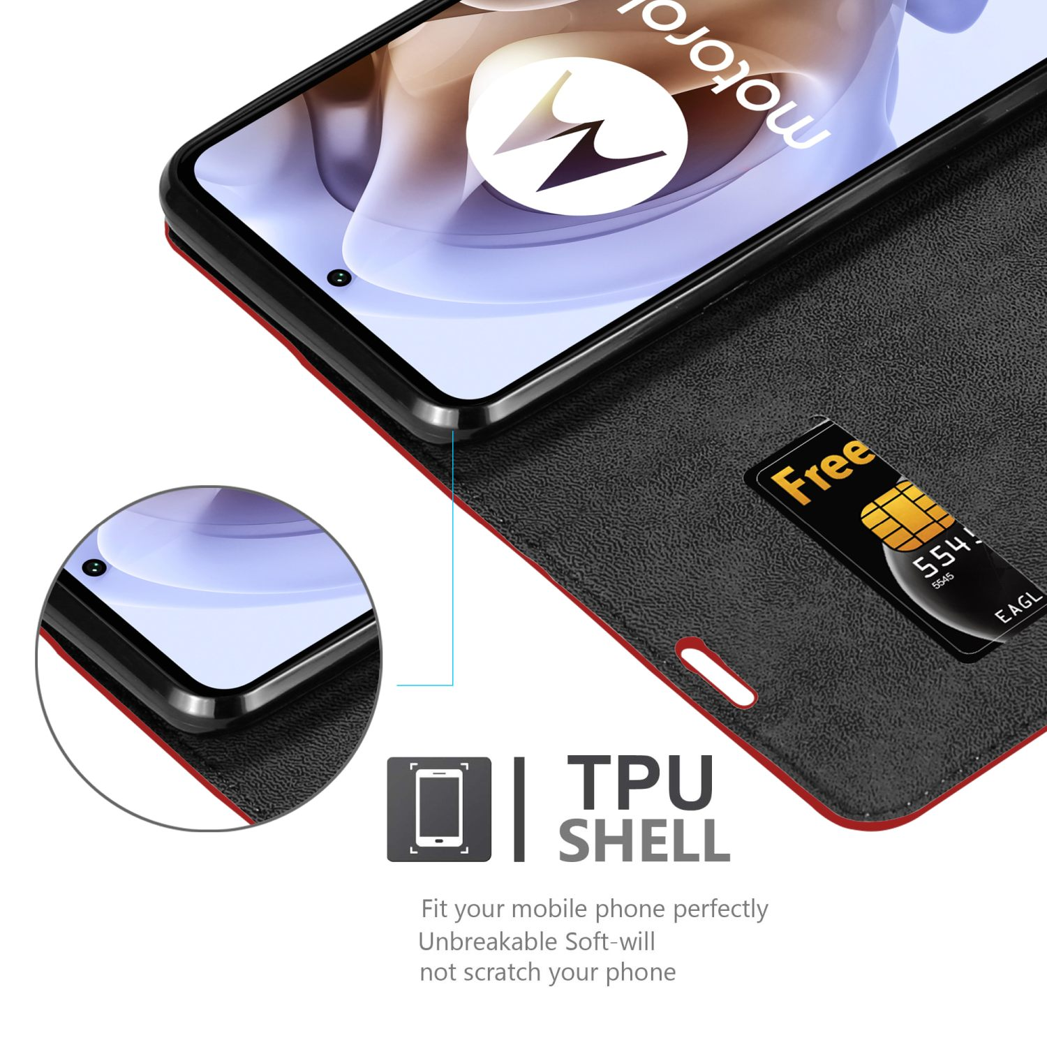 Una custodia per telefono con un telefono Motorola all'interno. La custodia è chiusa, che mostra una carta.