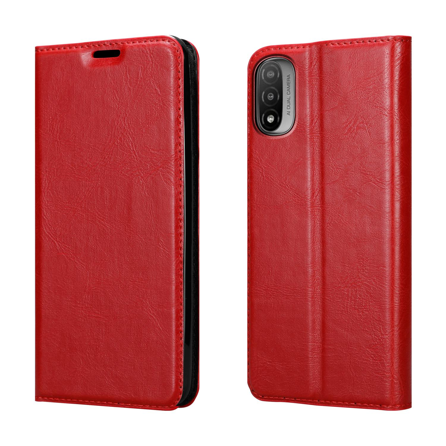 Custodia per telefono in pelle rossa, aperta e chiusa. Mostra il retro del telefono.