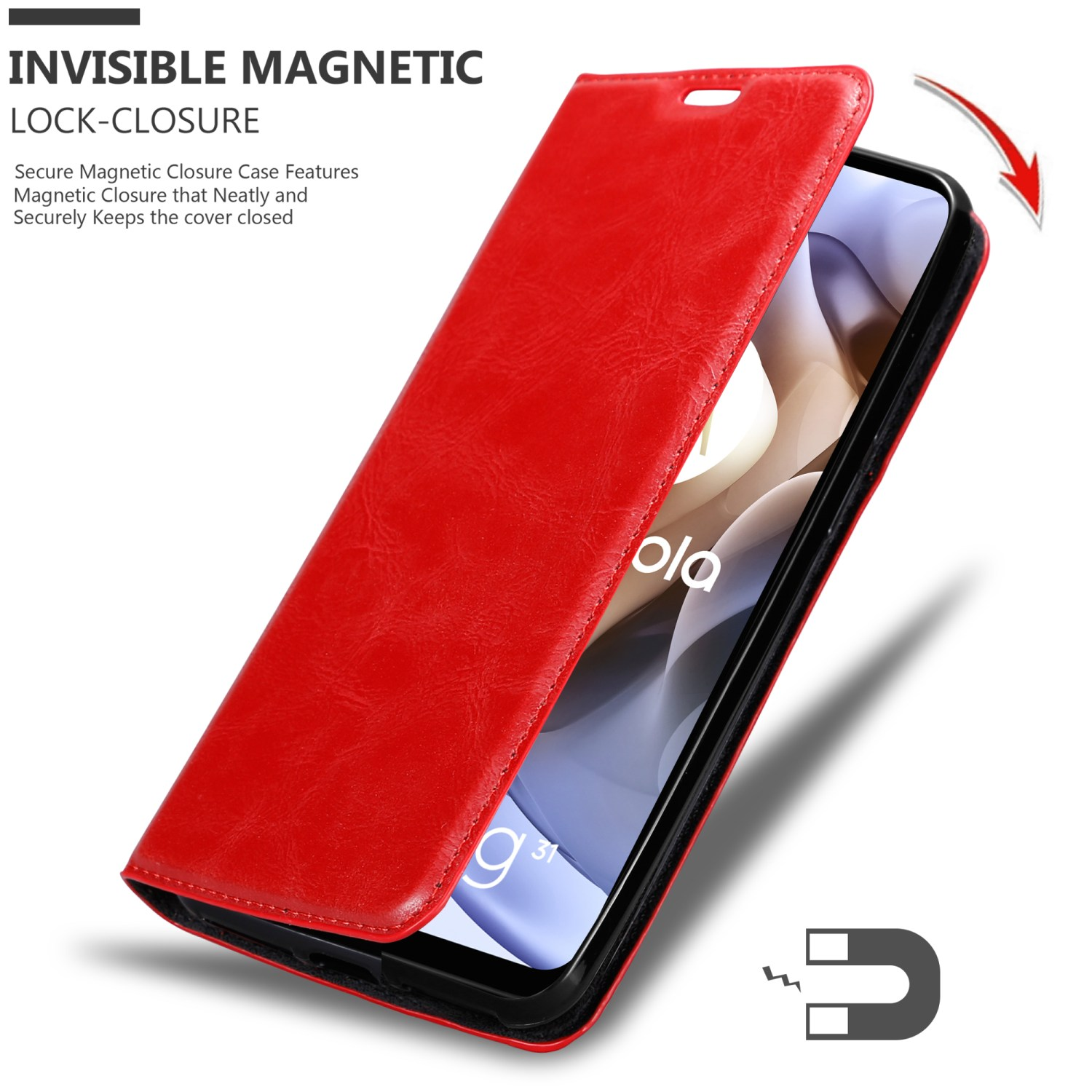 Custodia rossa per telefono, chiusura magnetica. Schermo visibile. Testo: Chiusura magnetica invisibile.