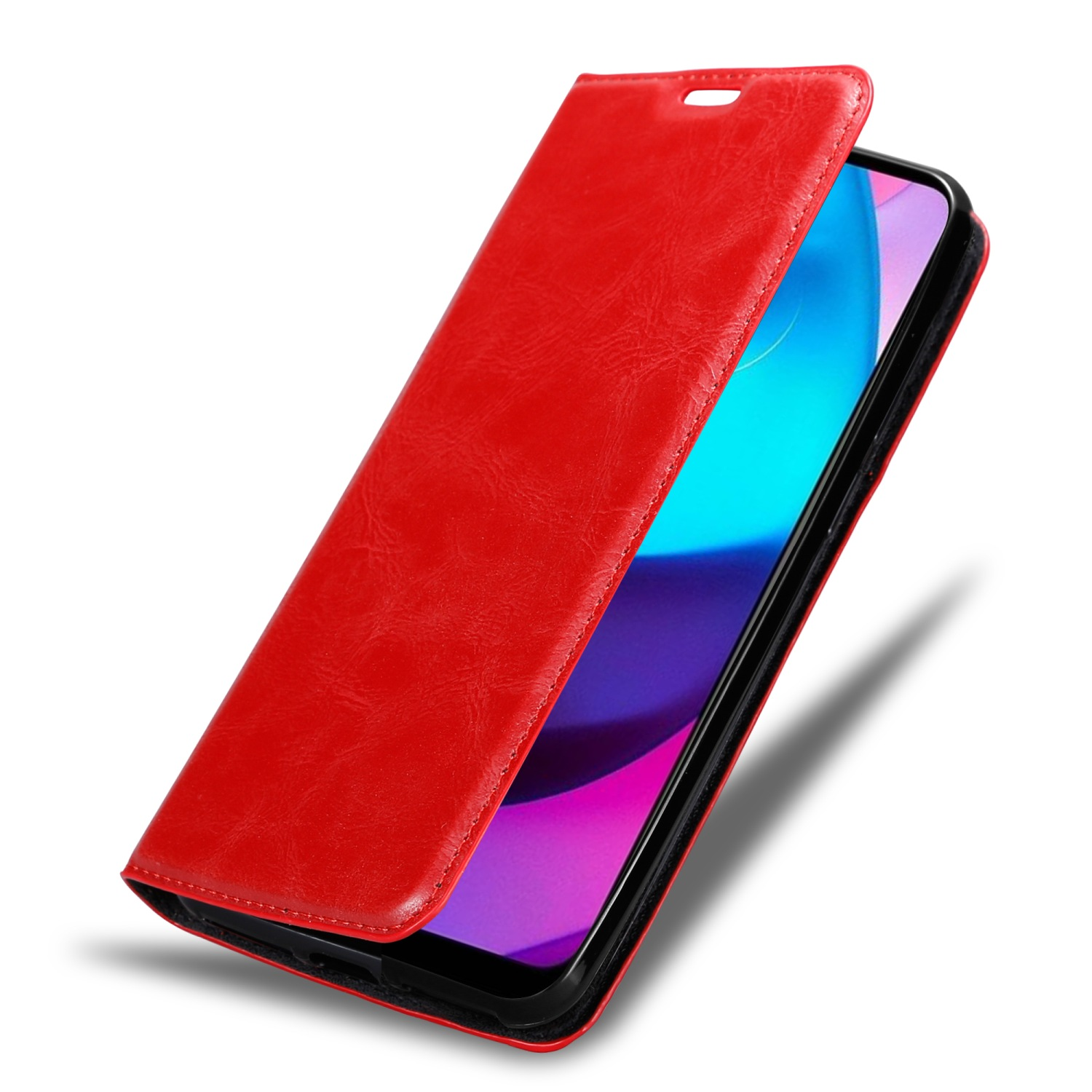 Custodia per telefono rossa aperta, rivelando uno schermo. Lo schermo è blu e viola.