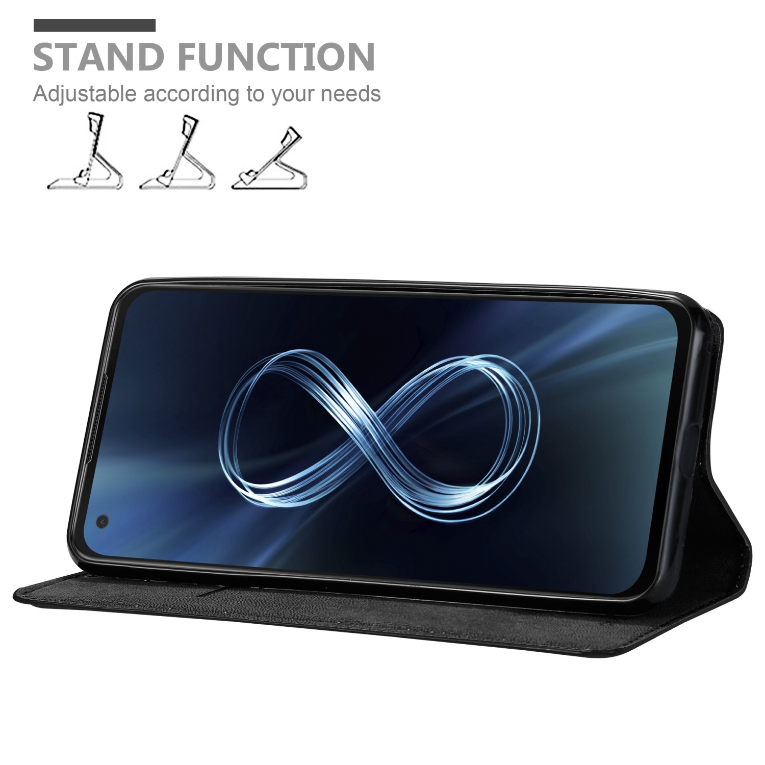 Eine schwarze Smartphone-Hülle in einer Standposition. Der Telefonbildschirm zeigt ein blaues Unendlichkeitszeichen-Design.