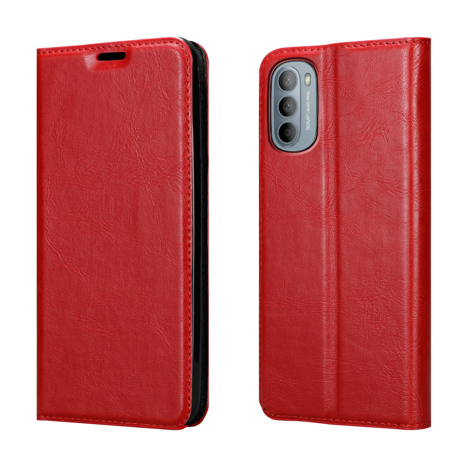 Custodia in pelle rossa, aperta e chiusa. Dettagli del telefono visibili. Fotocamera.