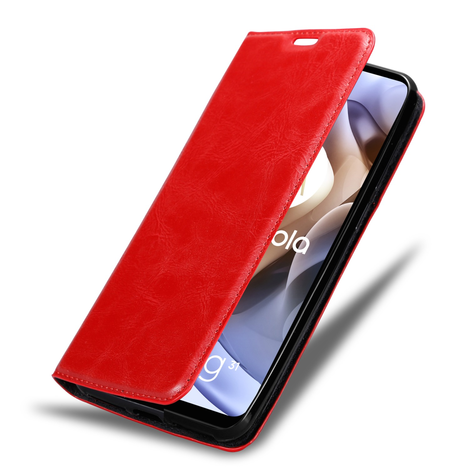 Custodia per telefono in pelle rossa, aperta, che mostra il telefono.