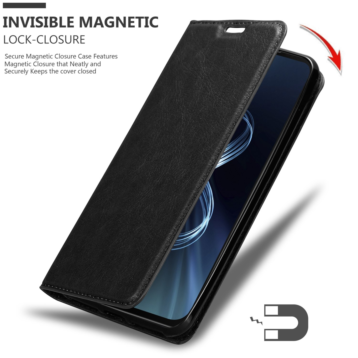 Schwarze Handyhülle geöffnet, mit Telefon darin. Magnetverschluss-Grafik und roter Pfeil. Weißer Hintergrund.