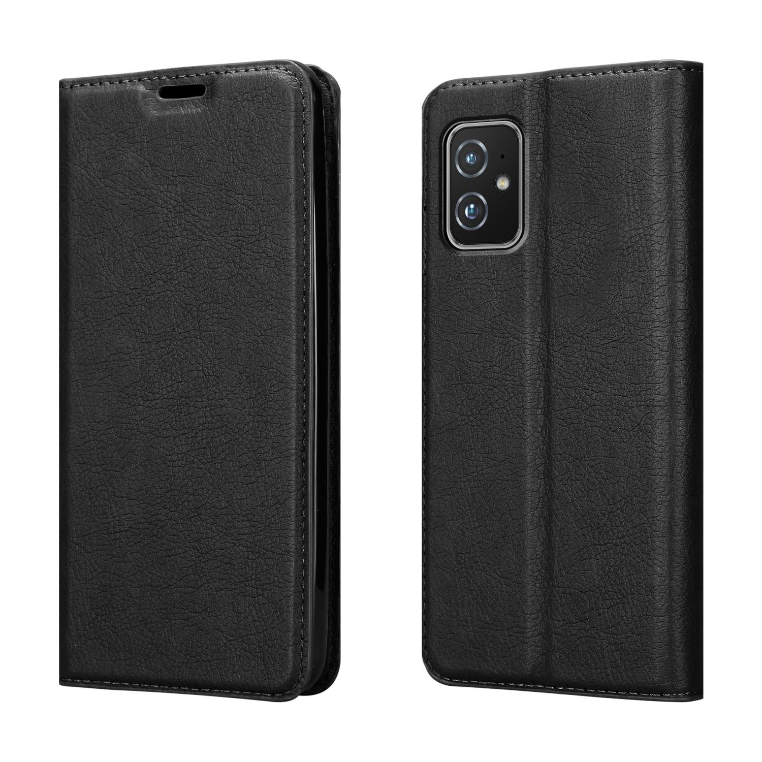 Schwarze Leder-Handyhülle, geschlossen und offen. Die offene Hülle zeigt ein Telefon.