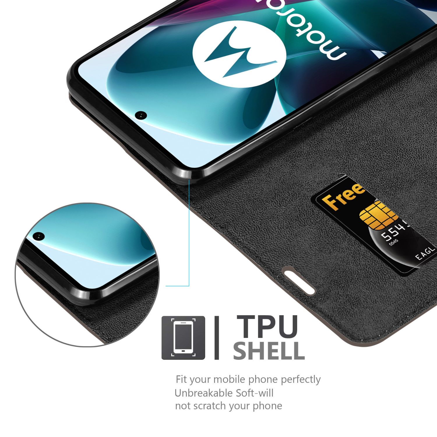 Primo piano di una custodia nera per telefono con telefono all'interno e carta. Testo: Guscio in TPU.