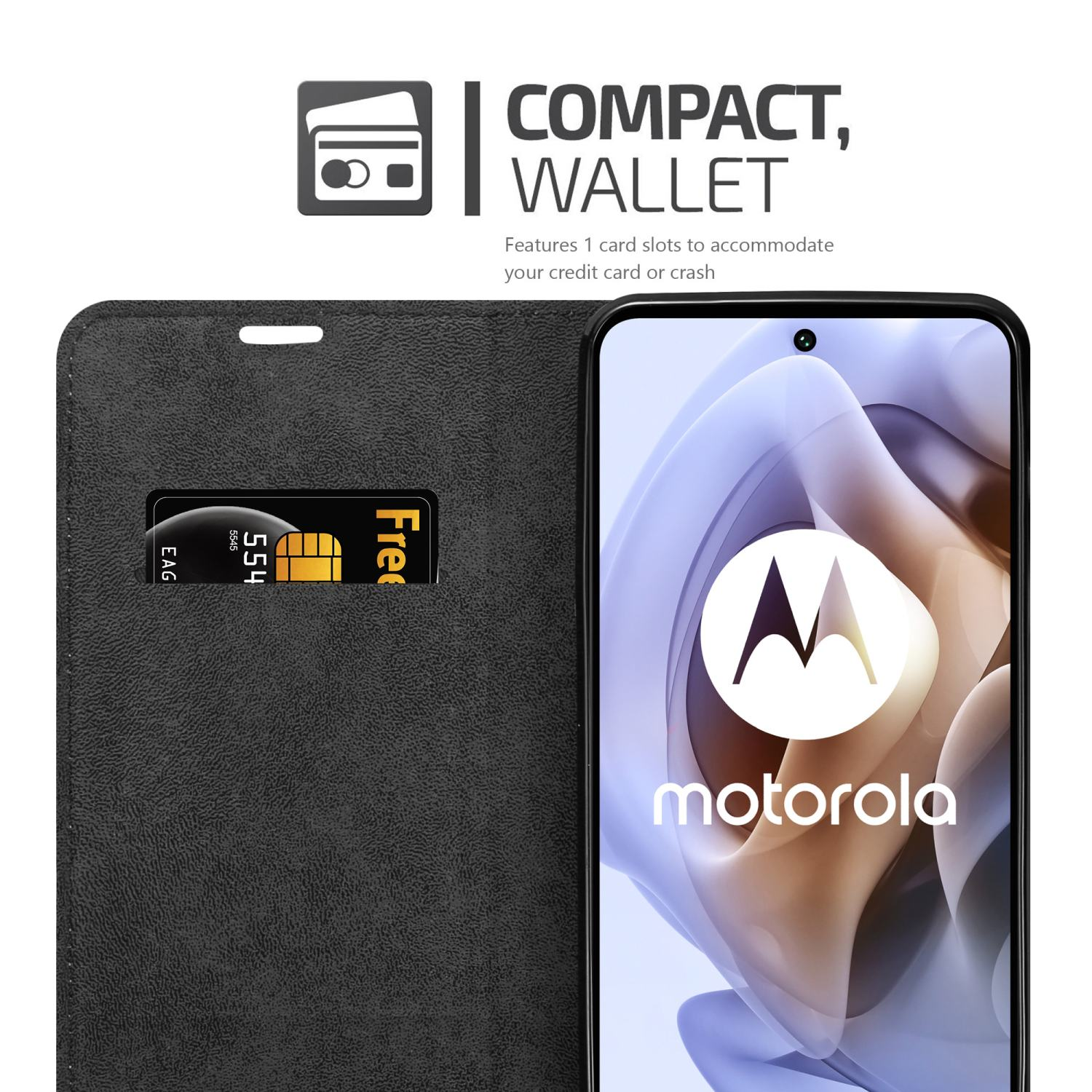 Custodia per telefono nera con fessura per carte, che mostra una carta di credito. Il logo Motorola è visibile.