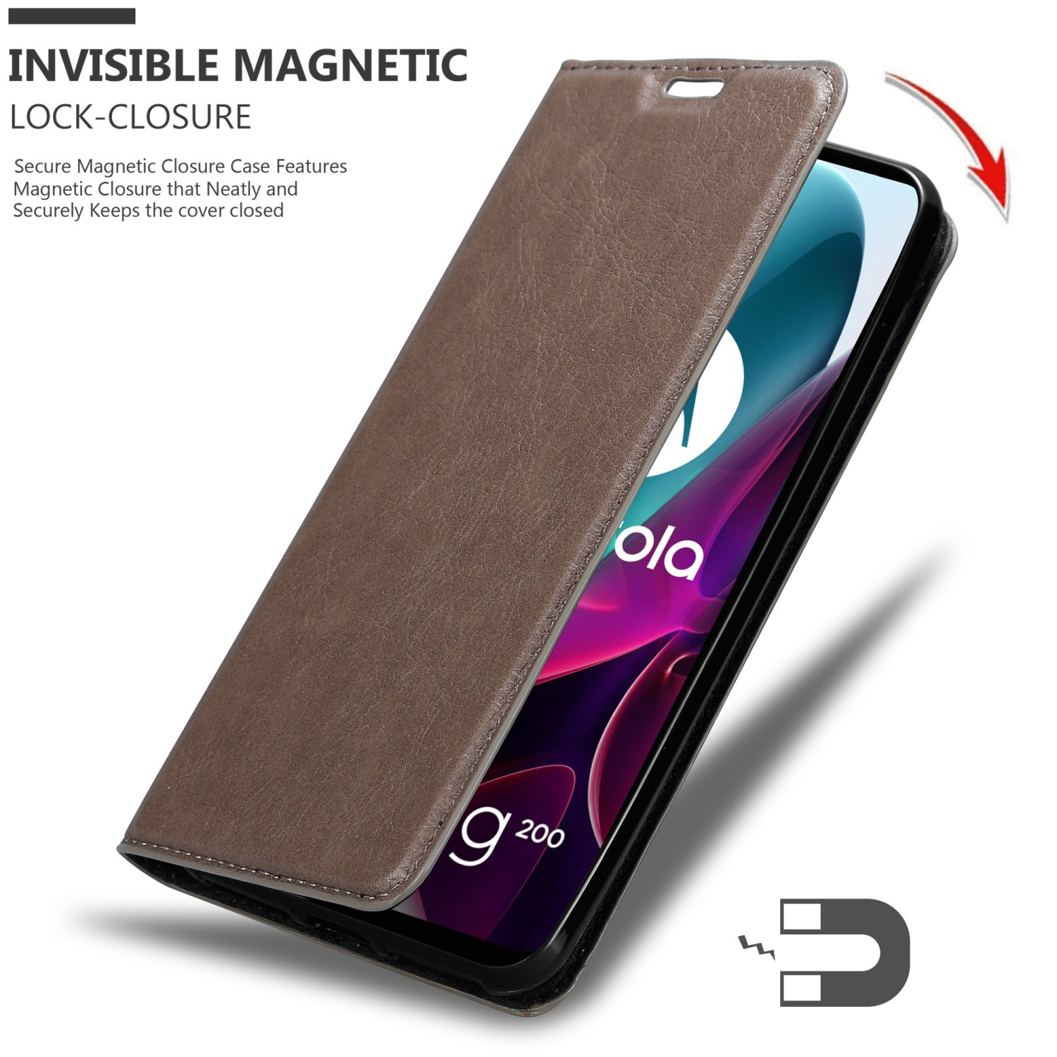 Custodia marrone aperta, rivela un telefono con display sfumato viola.