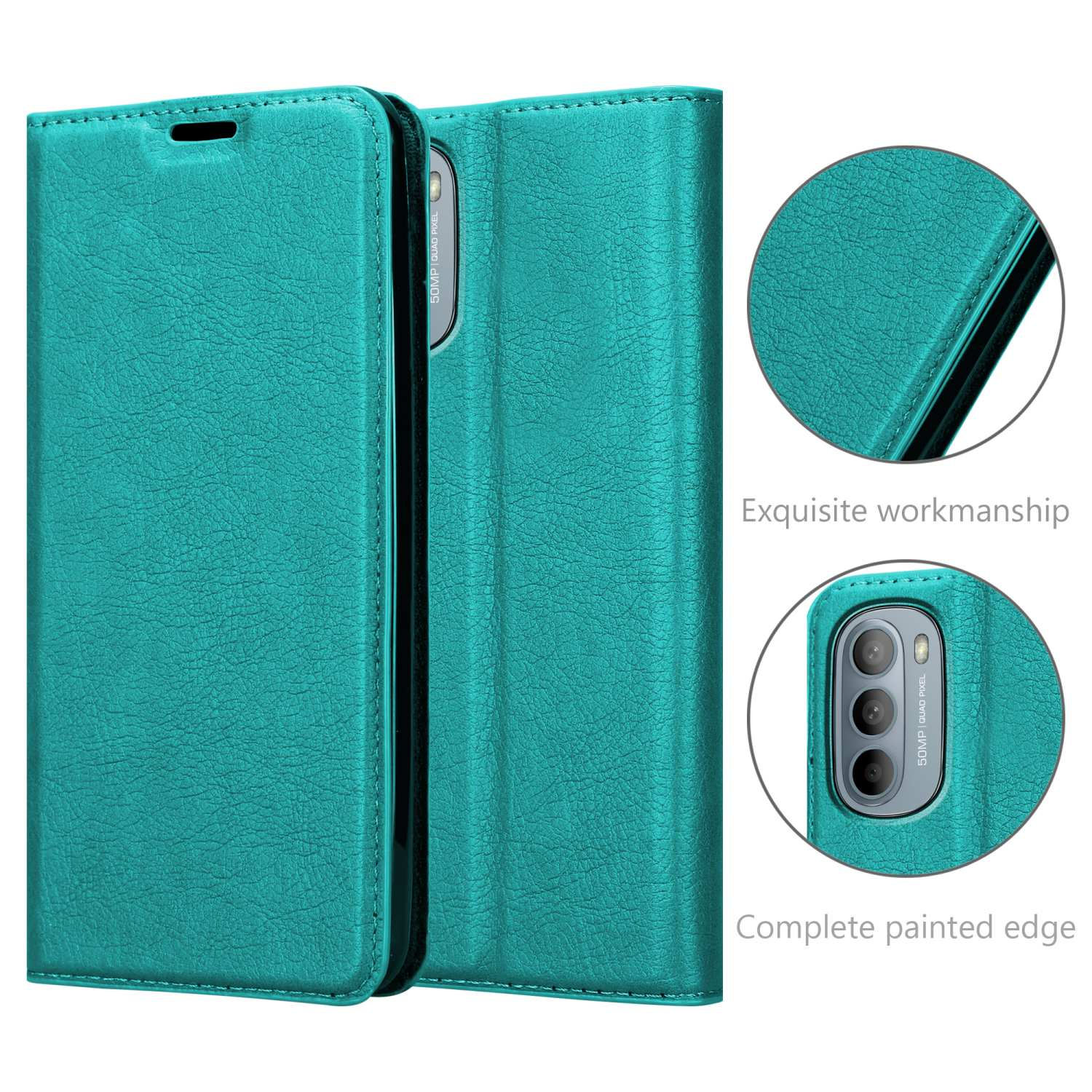 Custodia per telefono verde acqua aperta. Primo piano sulla custodia con la cover aperta e il telefono visibile.