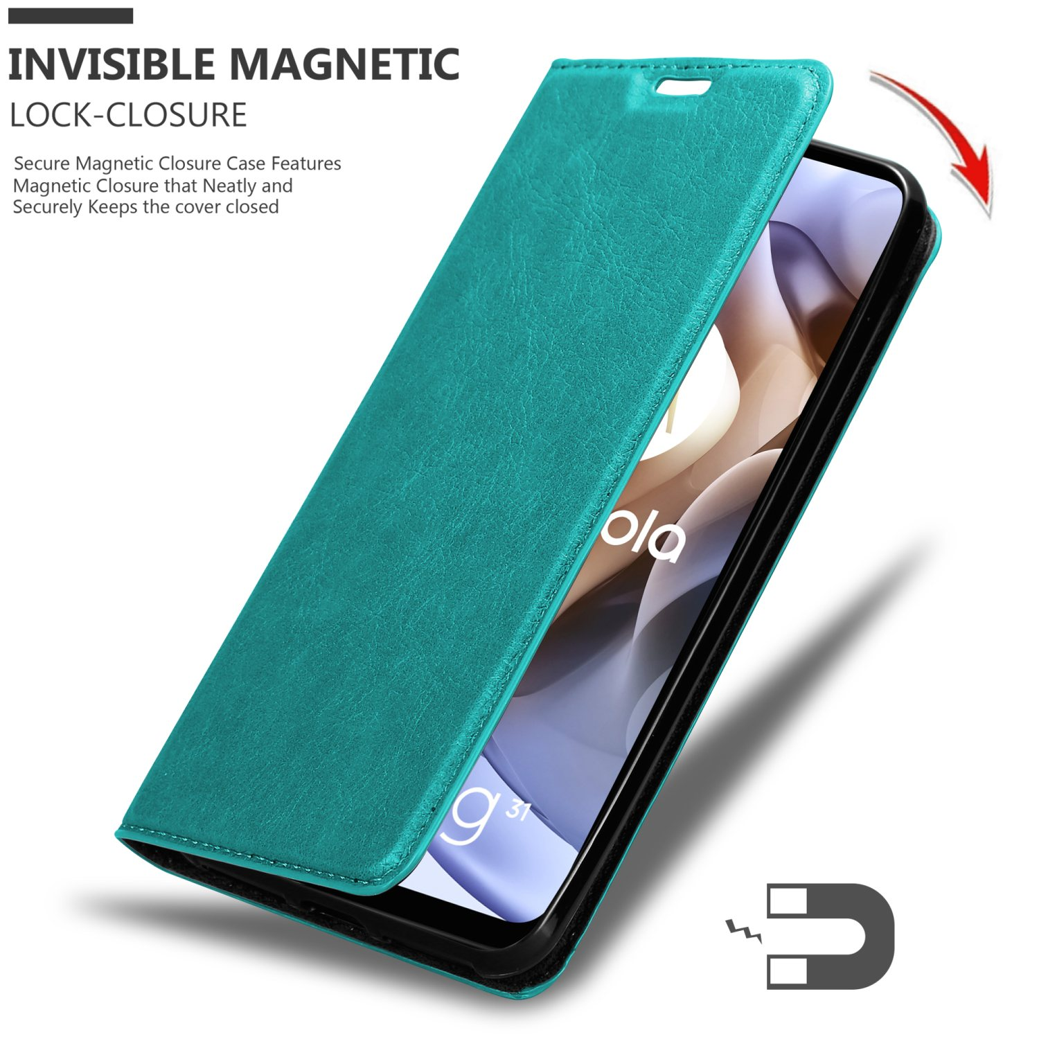 Custodia per telefono verde aperta, schermo del telefono visibile. Testo: Chiusura magnetica invisibile. C'è un telefono dentro.