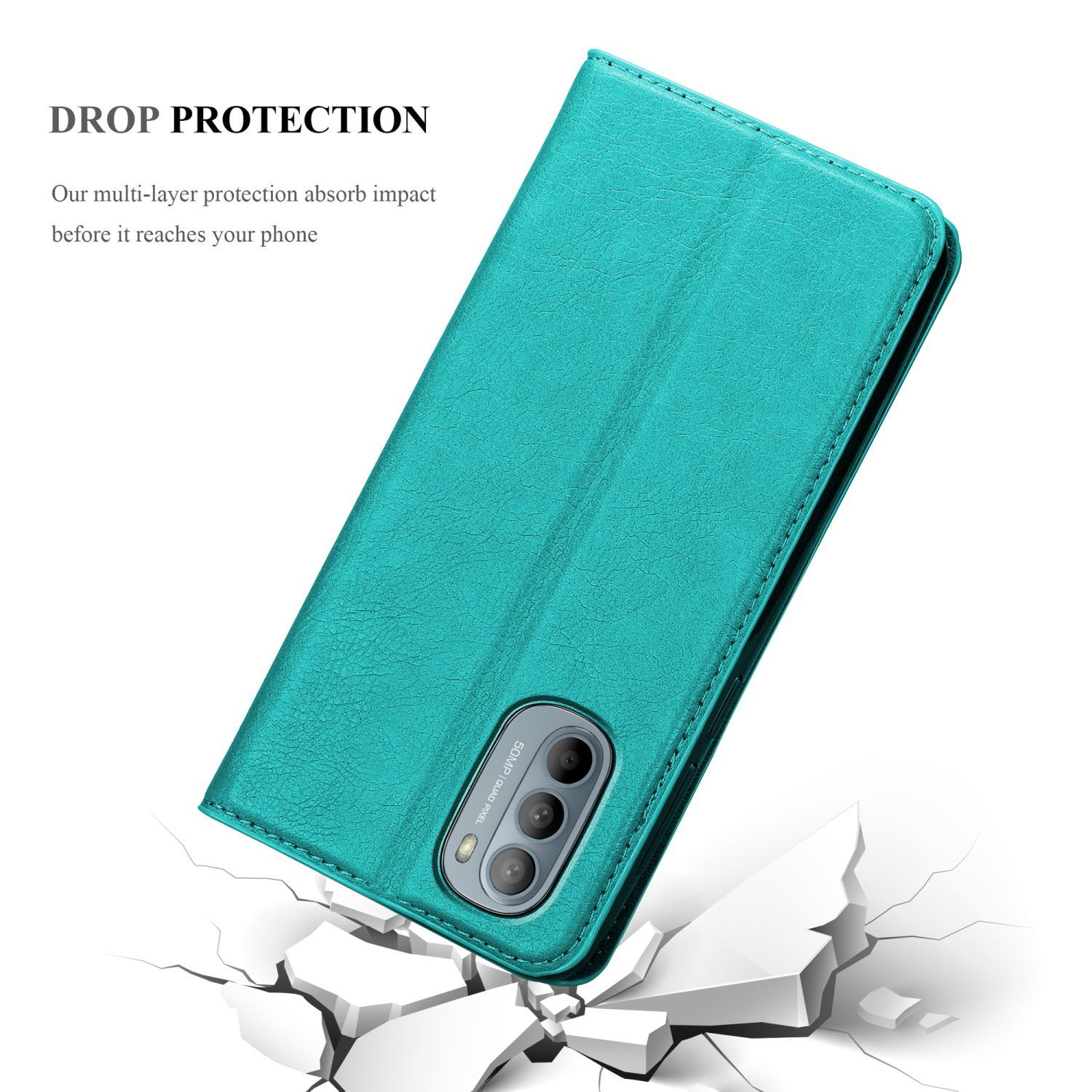 Custodia per telefono verde acqua aperta e angolata, con testo: Protezione dalle cadute. Il telefono è visibile.