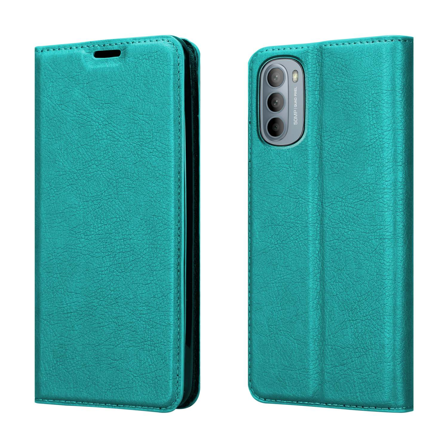 Una custodia per telefono verde acqua, aperta, che mostra un telefono. La custodia è strutturata e ha una chiusura magnetica.