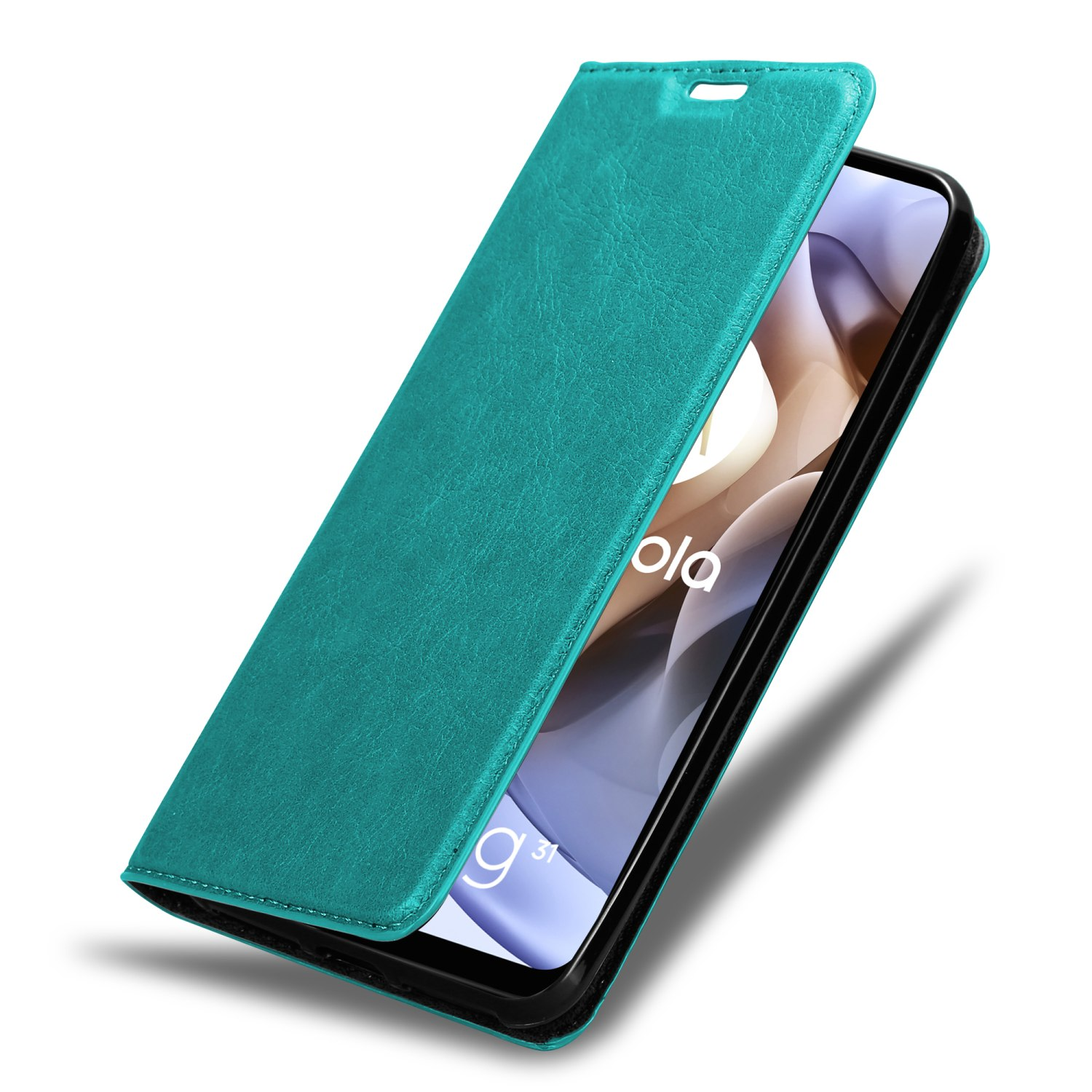 Custodia per telefono verde acqua, aperta, che mostra un telefono. La custodia ha una copertura e si apre frontalmente.