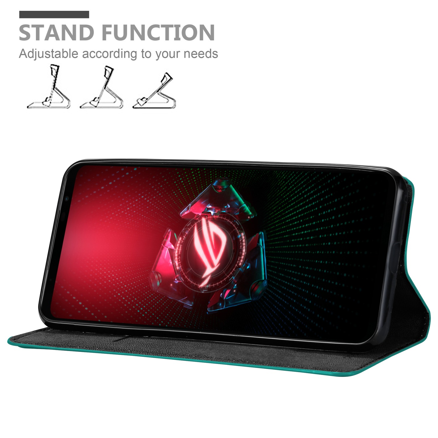 Custodia del telefono aperta con telefono, con funzione stand. Testo: 'Funzione stand'. Supporti regolabili mostrati.