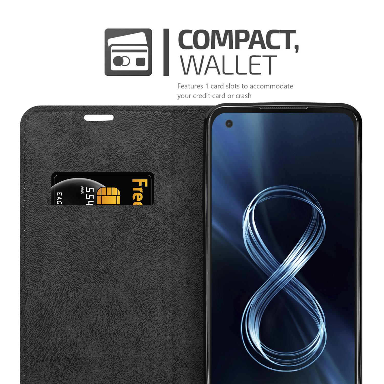 Telefon in einer Hülle mit Kartenfach, mit Text 'COMPACT, WALLET' und einer Karte.