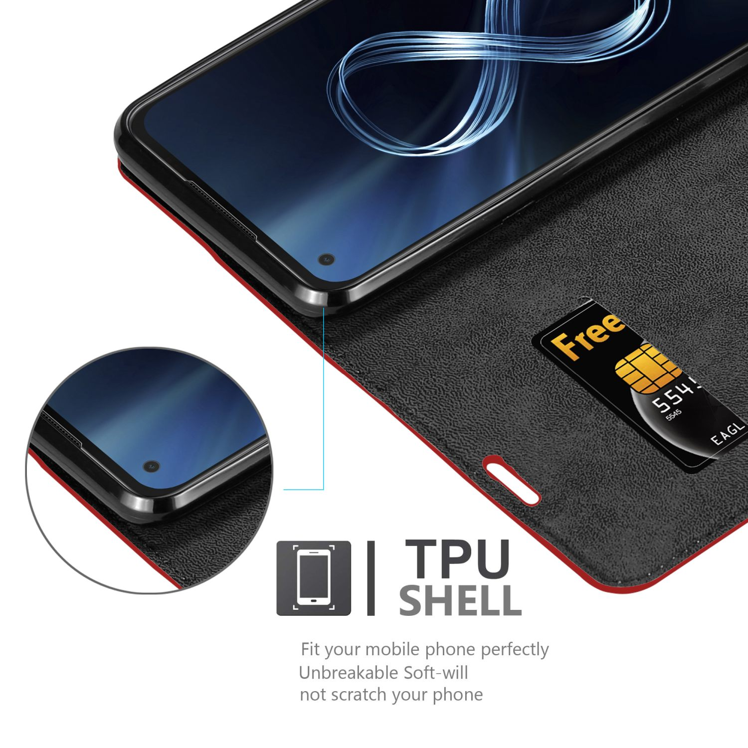 Schwarz-rote Handyhülle im Brieftaschenstil. Das Telefon befindet sich im Inneren. Die Hülle ist eine TPU-Schale.