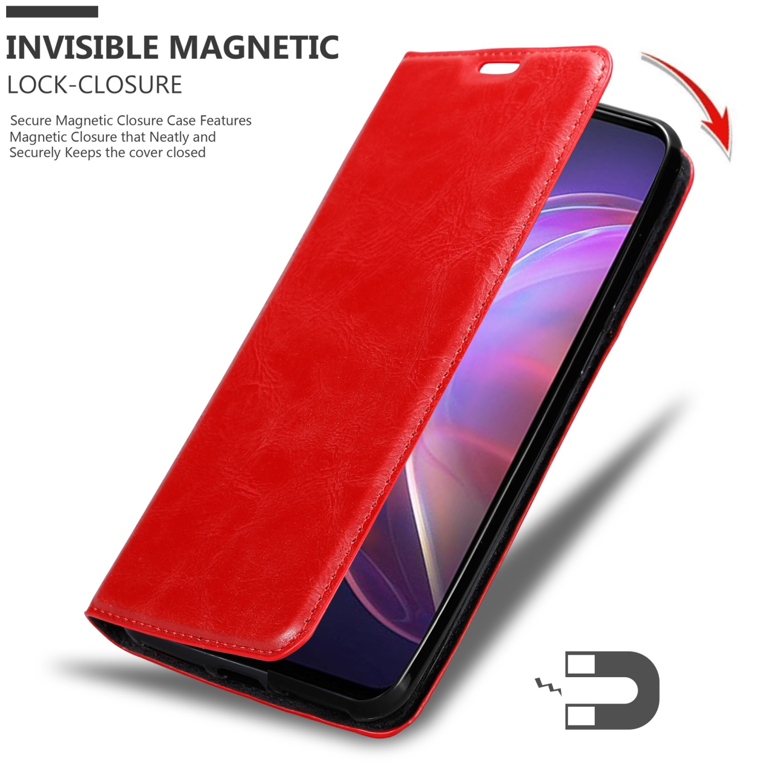Custodia per telefono rossa con vista aperta, con simbolo del magnete e testo sulla chiusura invisibile.