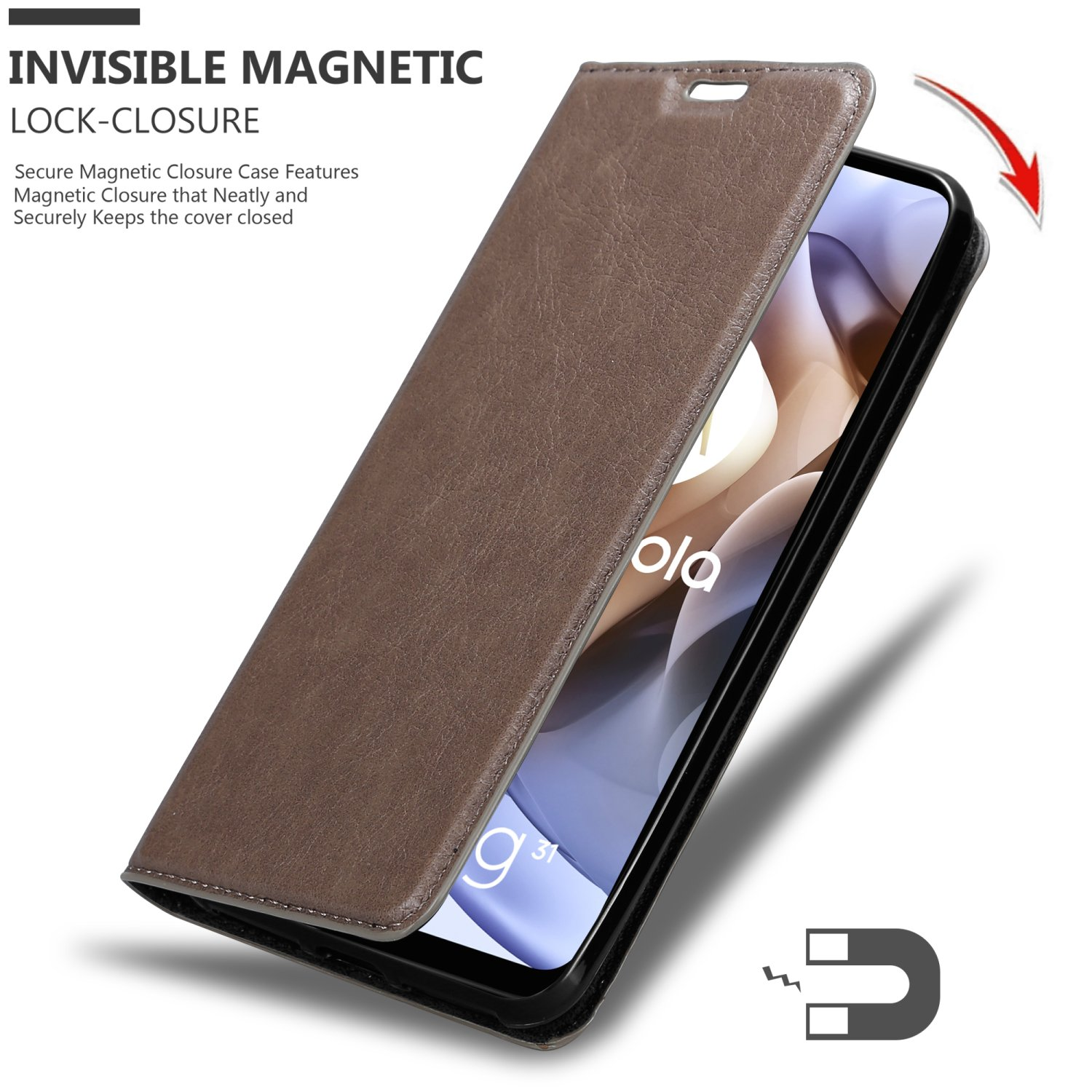 Custodia marrone per telefono parzialmente aperta, rivelando un telefono, con chiusura magnetica.