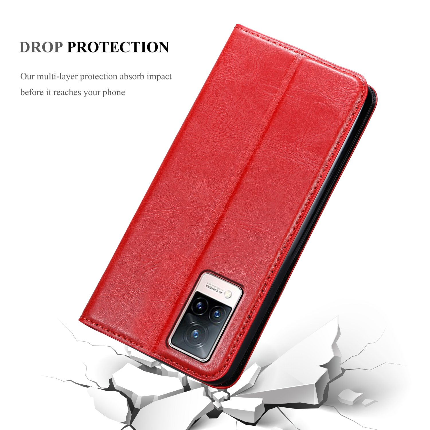 Custodia rossa, aperta, con telefono dentro, coperchio rosso, superficie bianca con crepe.